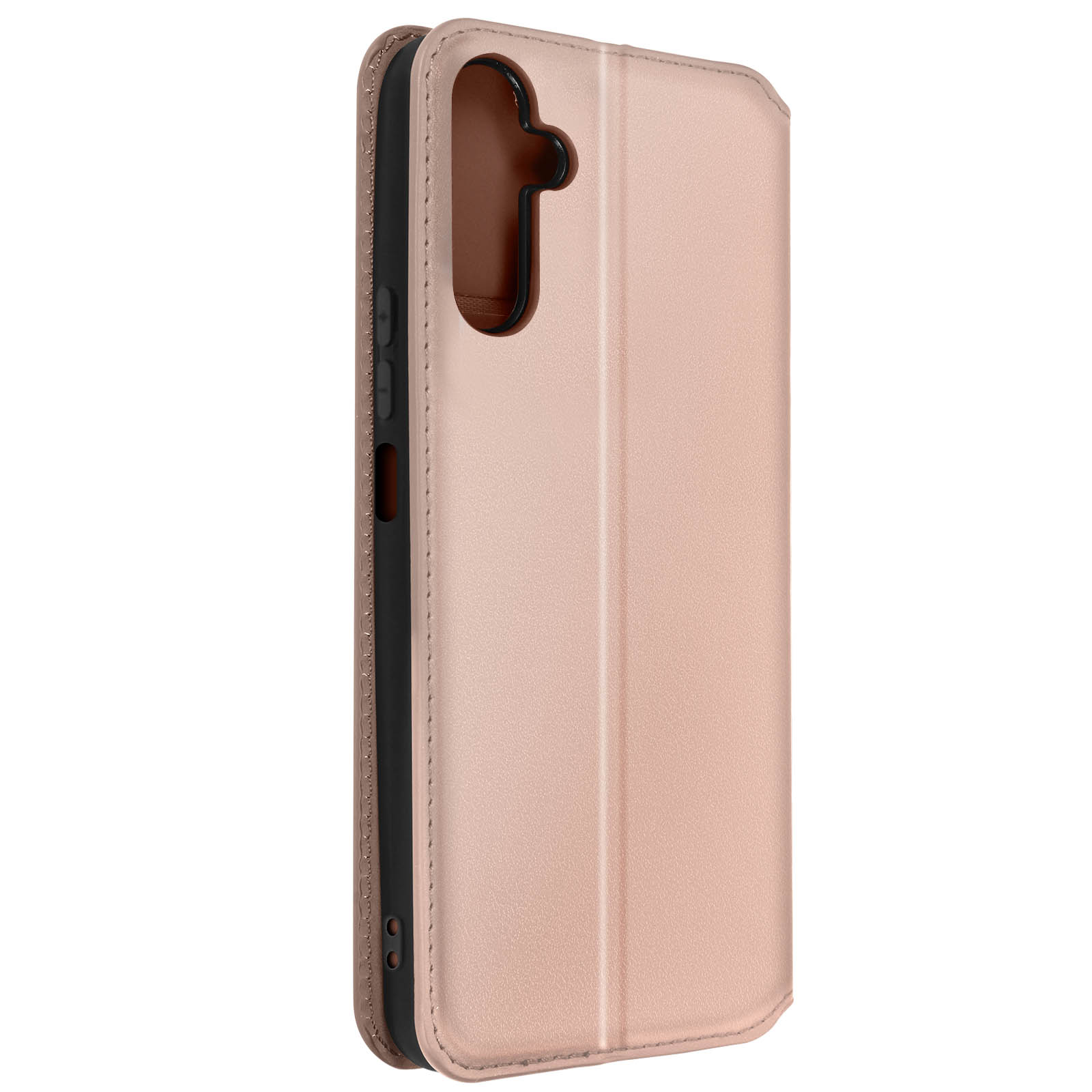Custodia a portafoglio oro rosa. Chiusa, con chiusura magnetica. Il telefono è nella custodia.