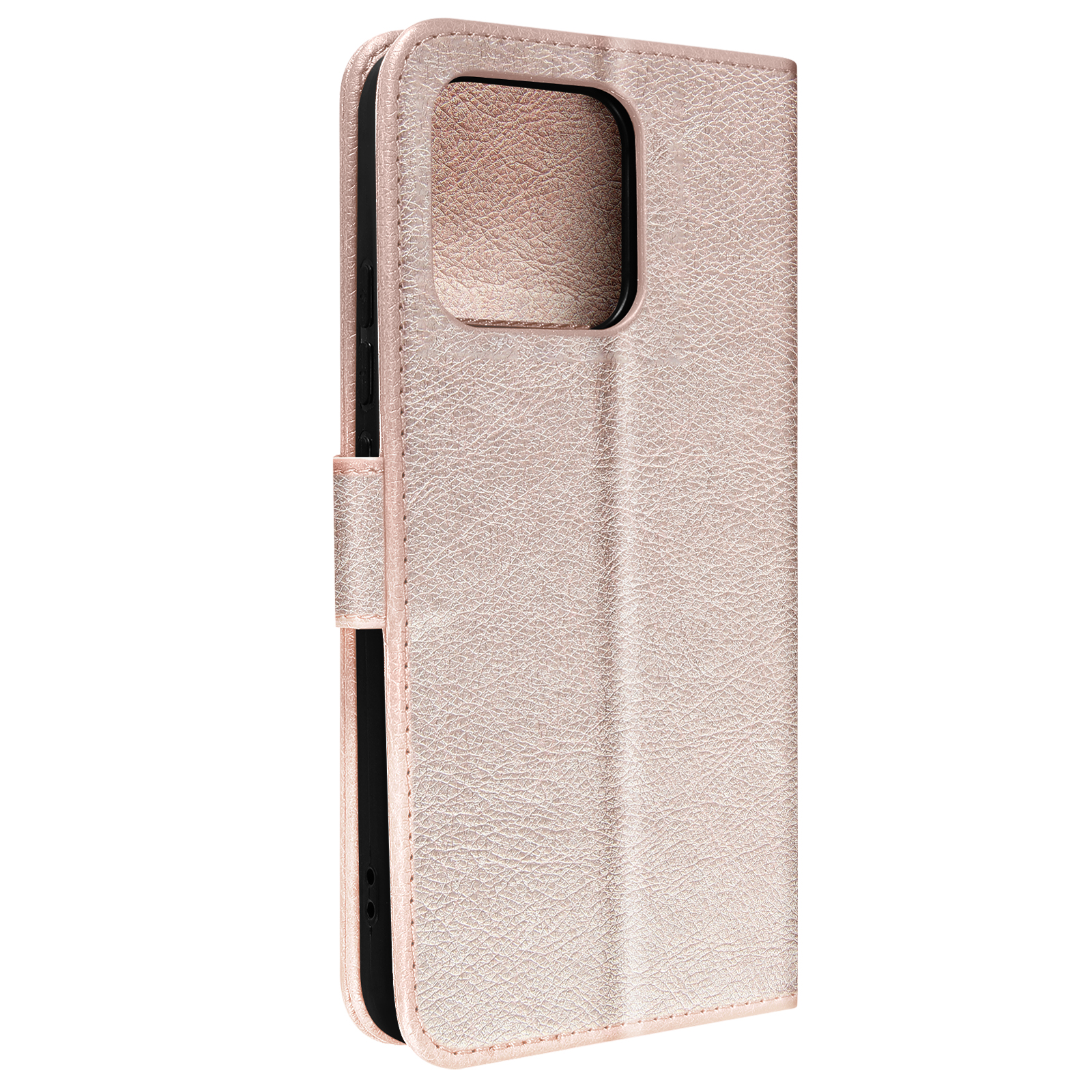 Coque de téléphone or rose ouverte, révélant un téléphone à l'intérieur.