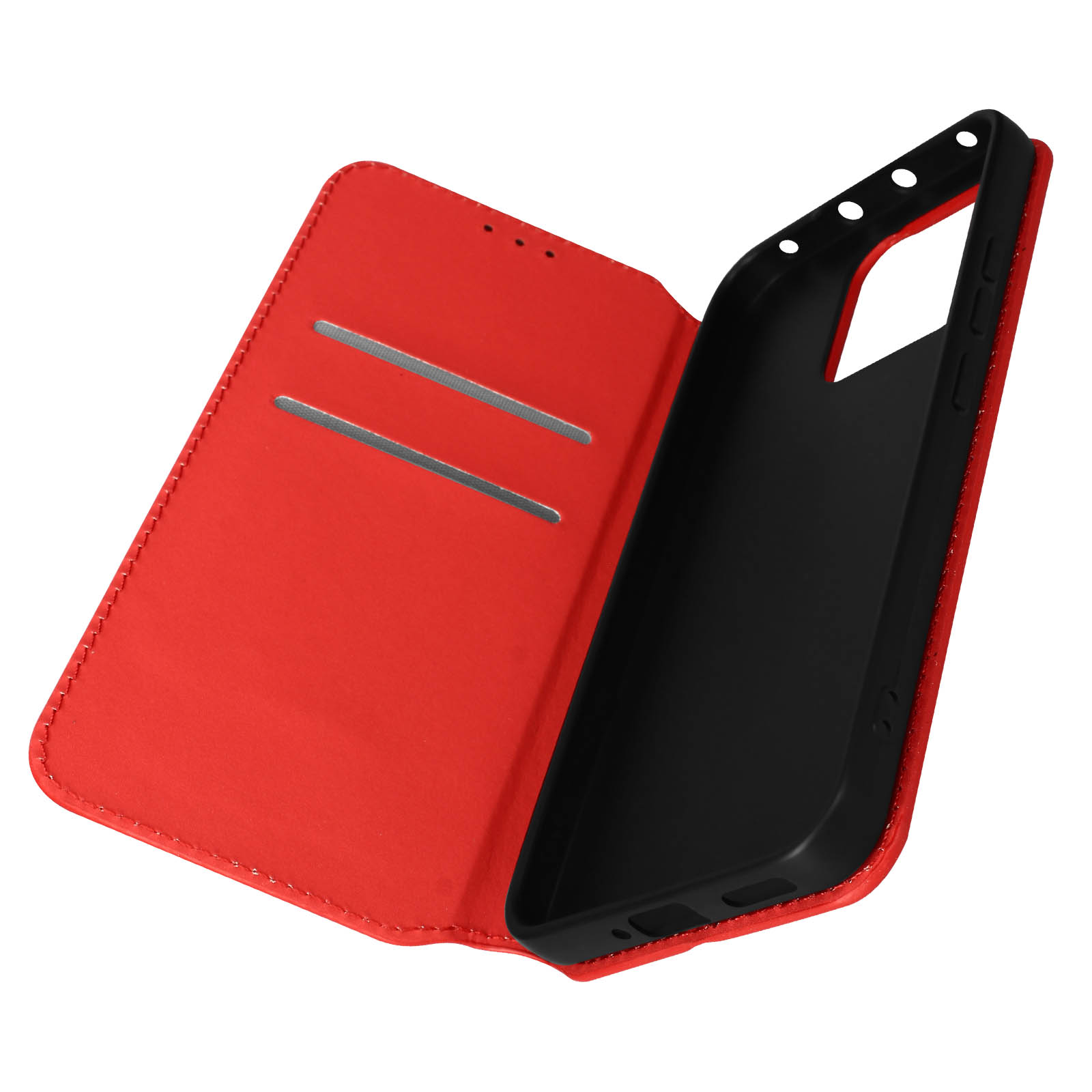 Custodia per telefono rossa con interno nero e fessura per carte.