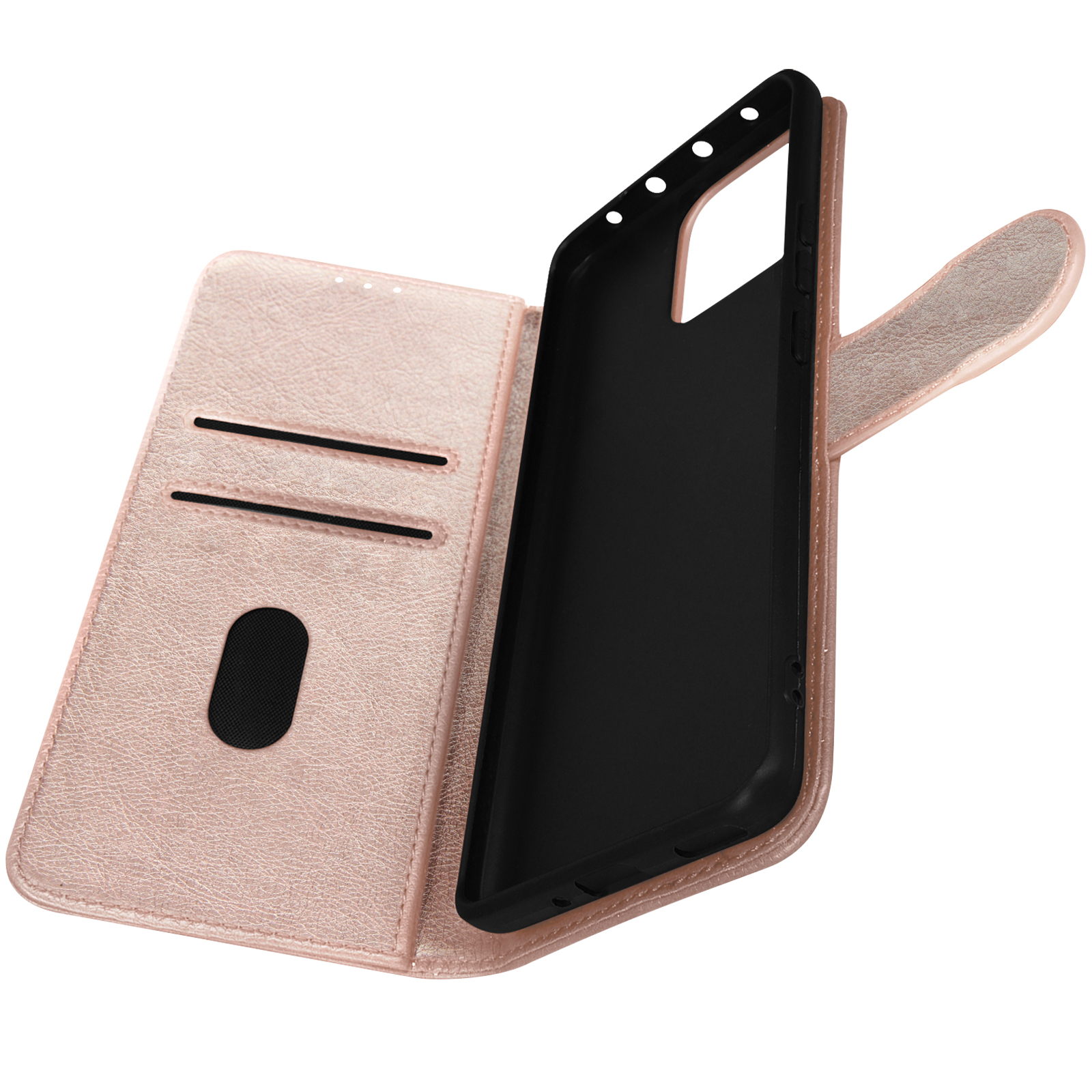Étui de téléphone rose ouvert avec emplacements pour cartes et téléphone noir.