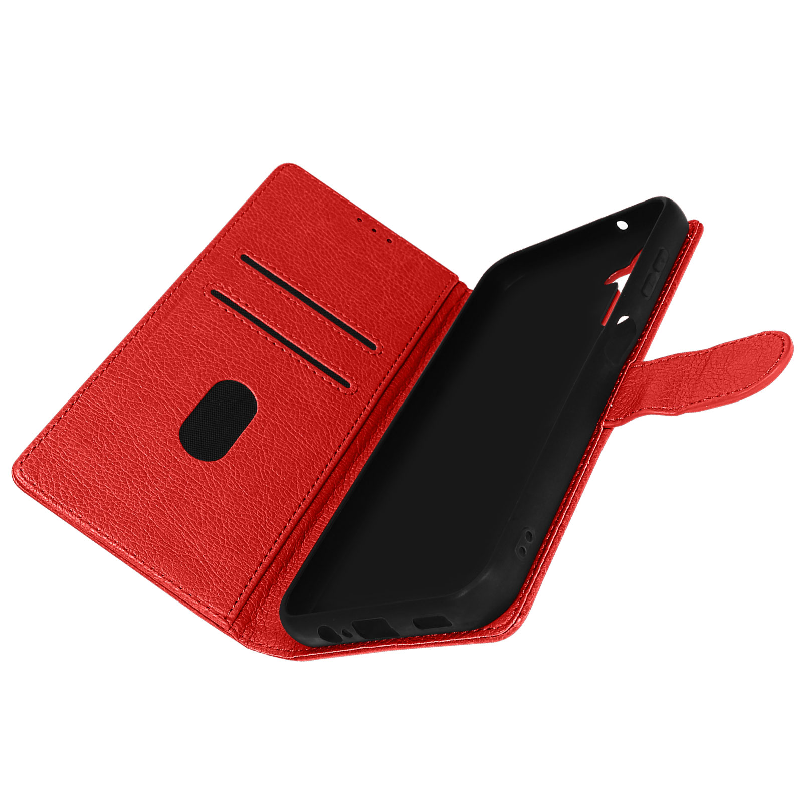 Open rode telefoonhoes met kaartsleuven en een zwarte telefoonhouder.