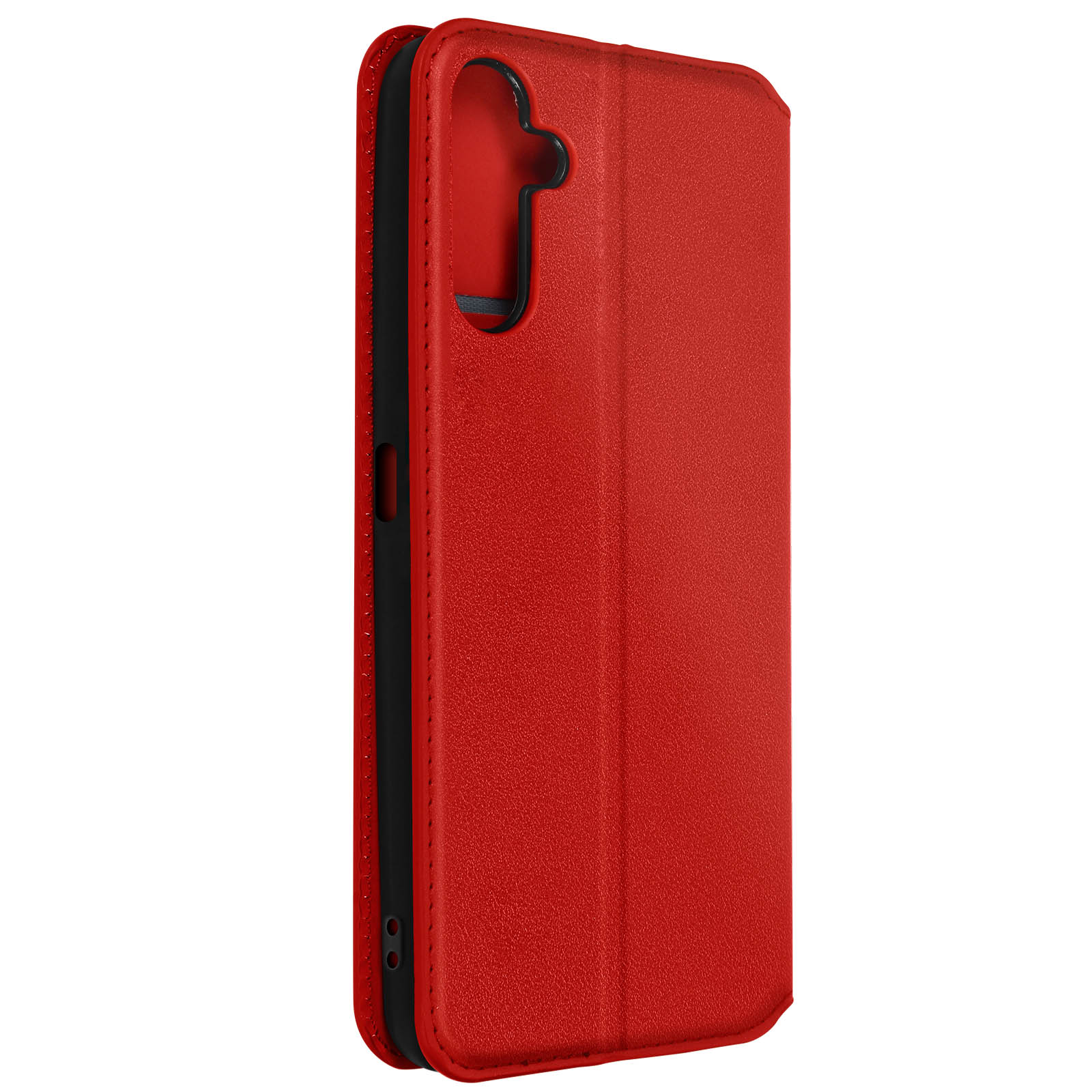Custodia per telefono in pelle rossa, chiusa. Mostra la parte anteriore con un foro per la fotocamera.