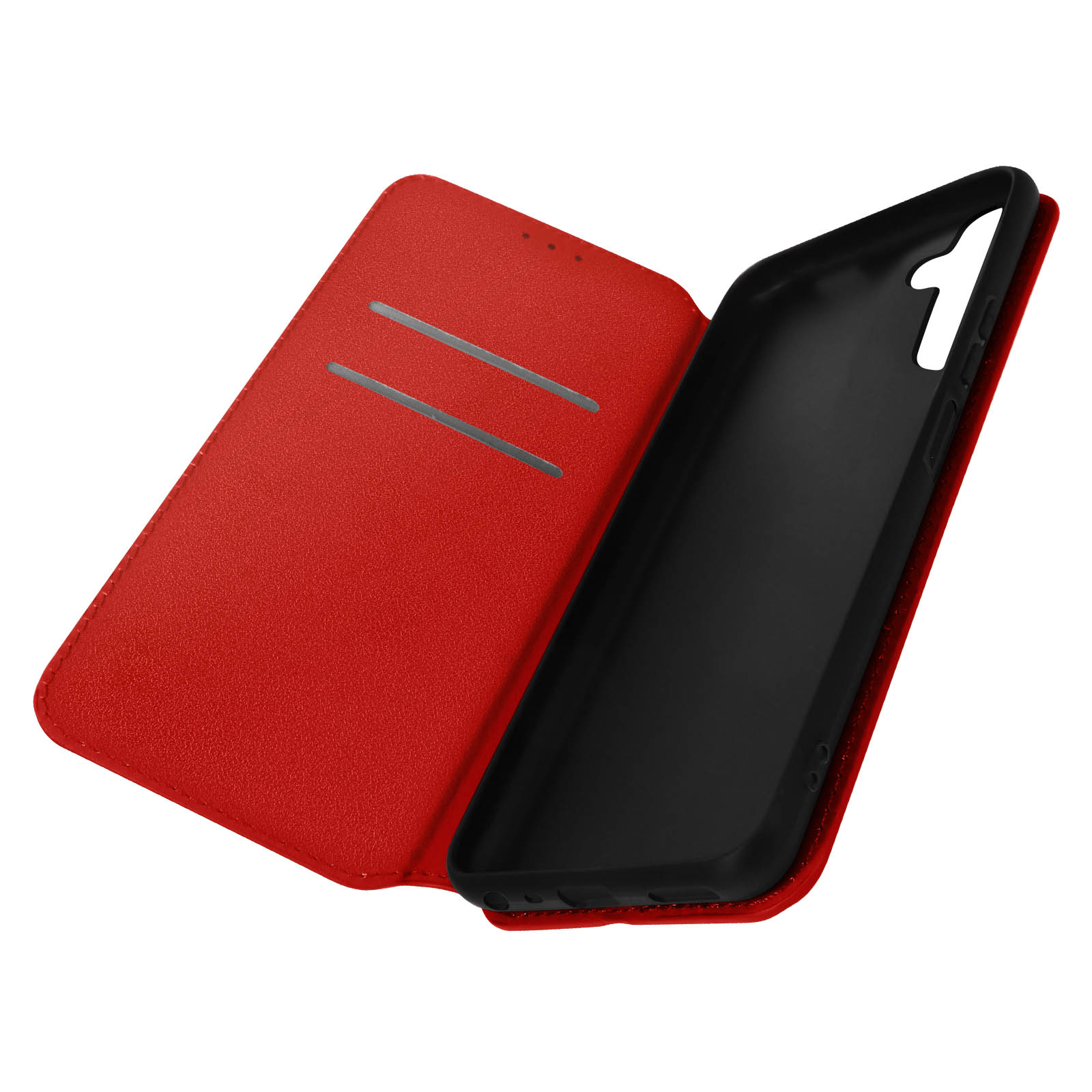 Custodia per telefono rossa, aperta, con interno nero. Sono visibili due piccole fessure per le carte.