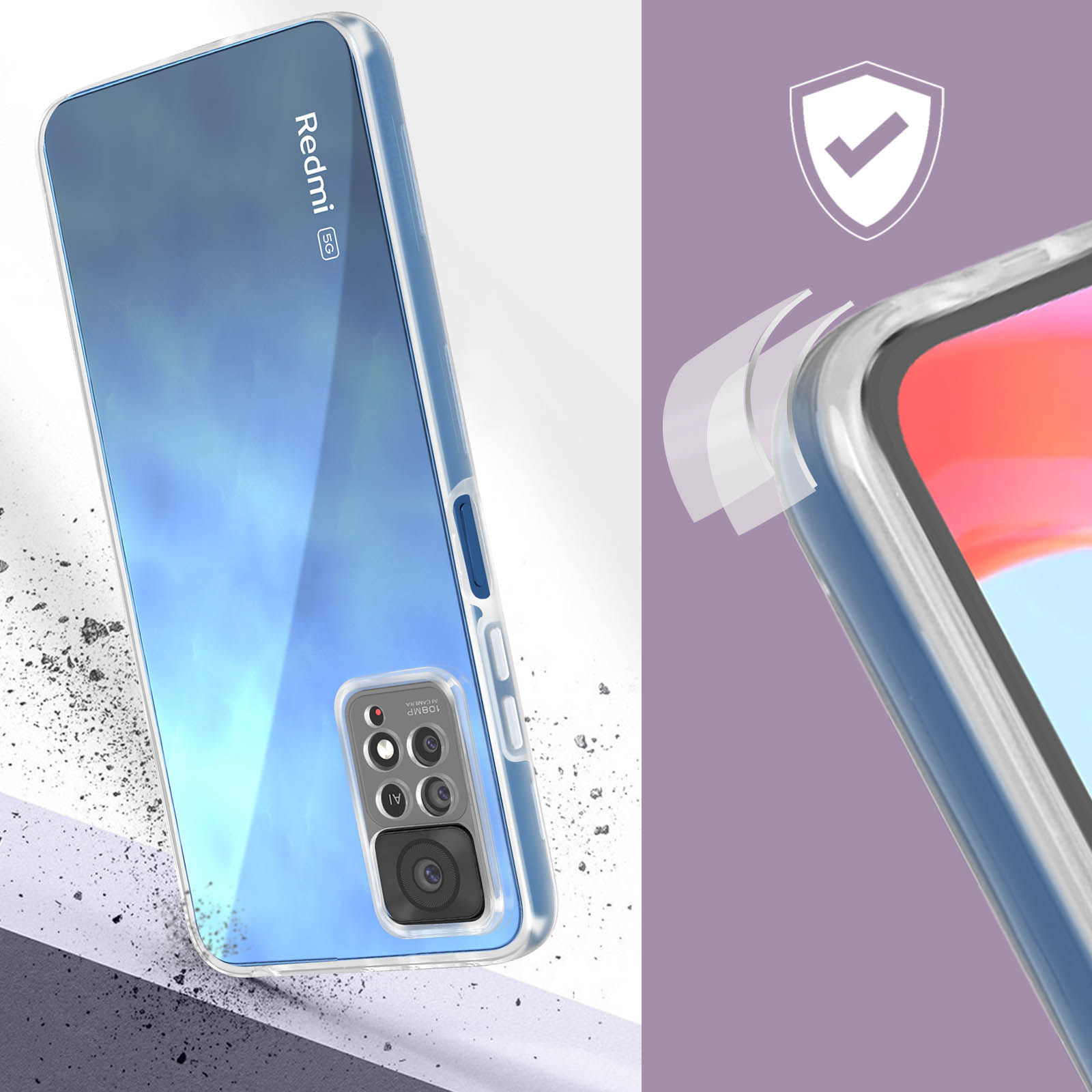 Een telefoonhoesje op een tafel, met een telefoon erin. De hoes heeft een blauw verloopontwerp.