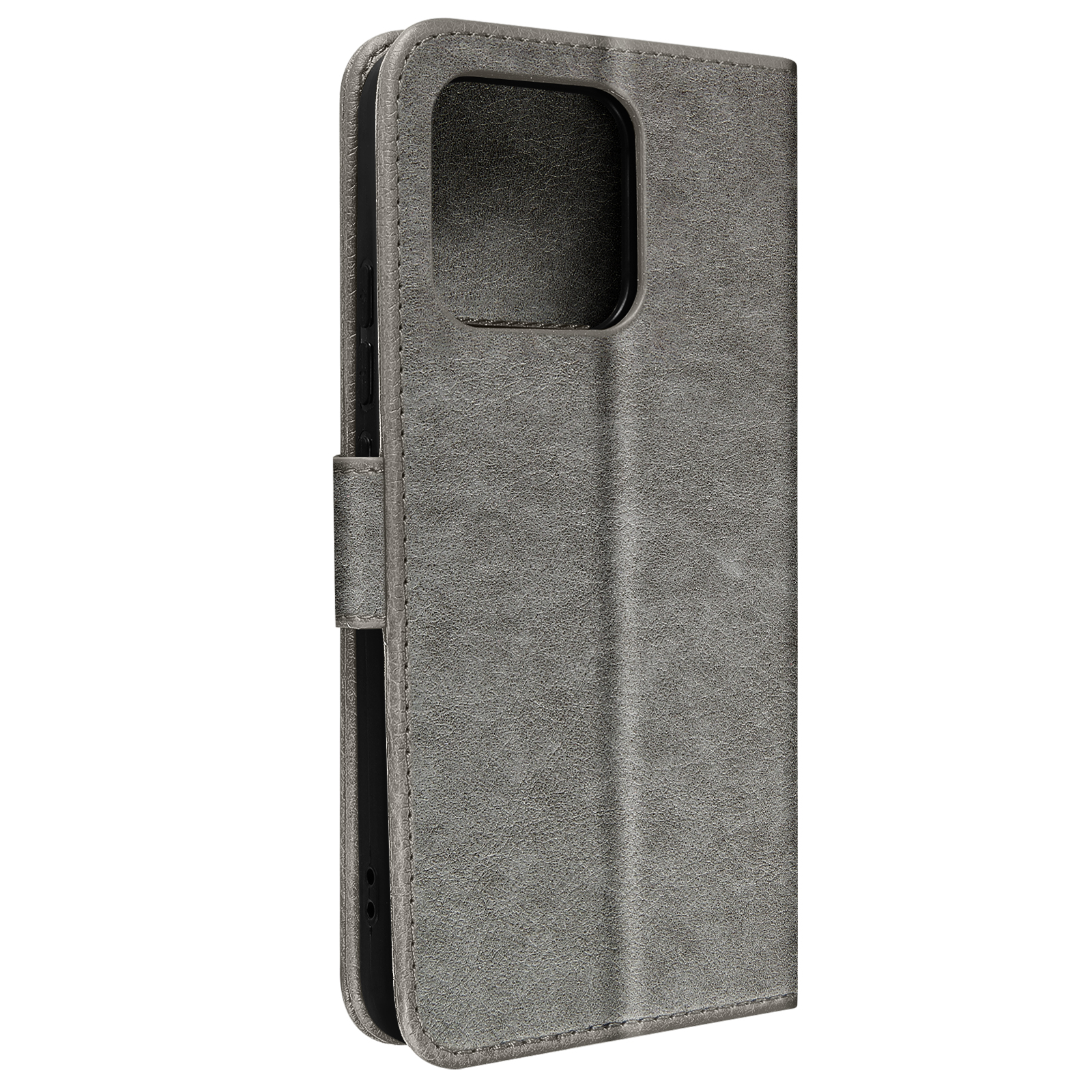 Étui de téléphone en cuir gris avec trou pour caméra et fermeture magnétique.