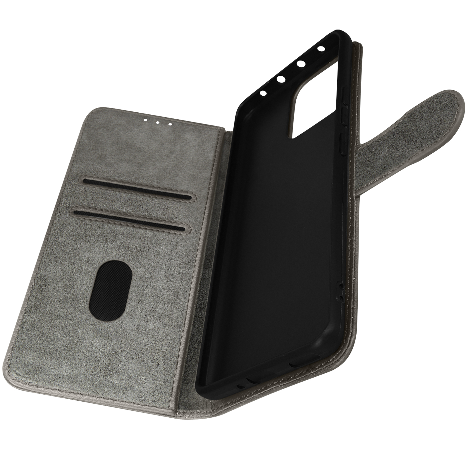 Étui de téléphone gris, ouvert. L'intérieur est noir, il y a des fentes pour cartes. Fond blanc.