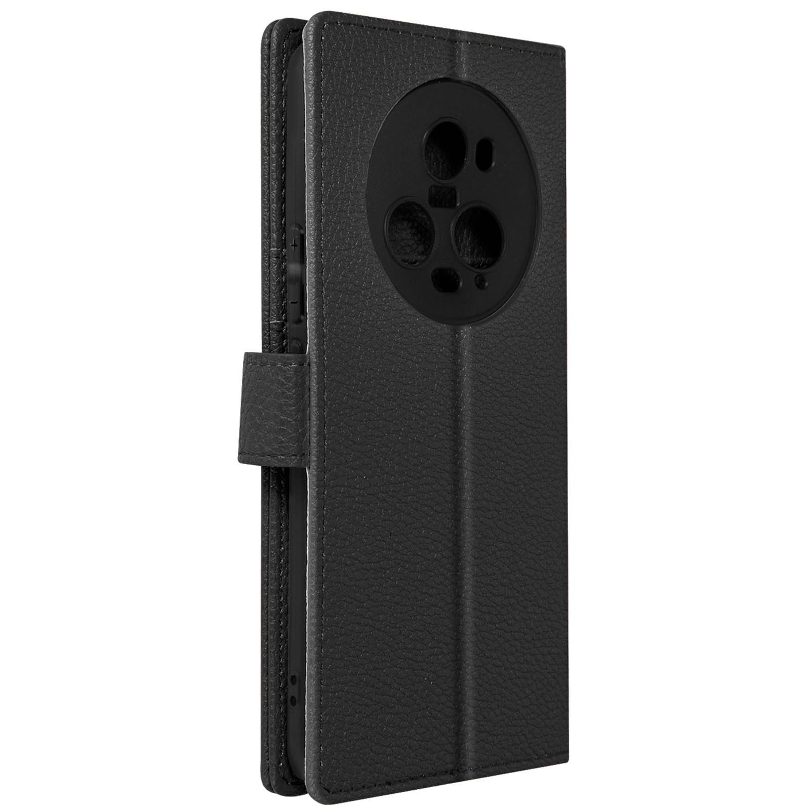 Schwarze Leder-Handyhülle mit Magnetverschluss, offen. Telefon nicht sichtbar.