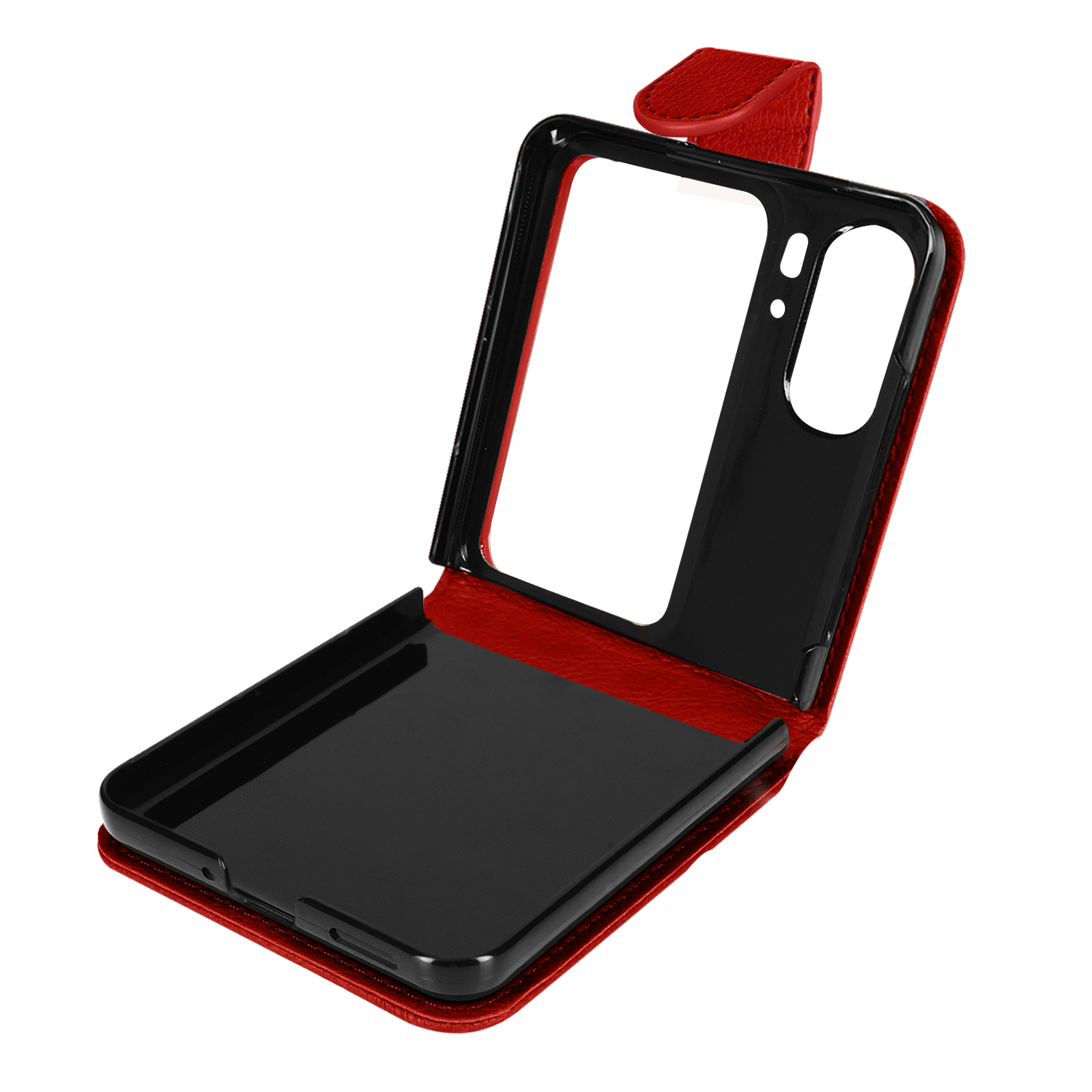Rode leren telefoonhoes in open positie. Zwarte telefooninterieur zichtbaar. Witte achtergrond.