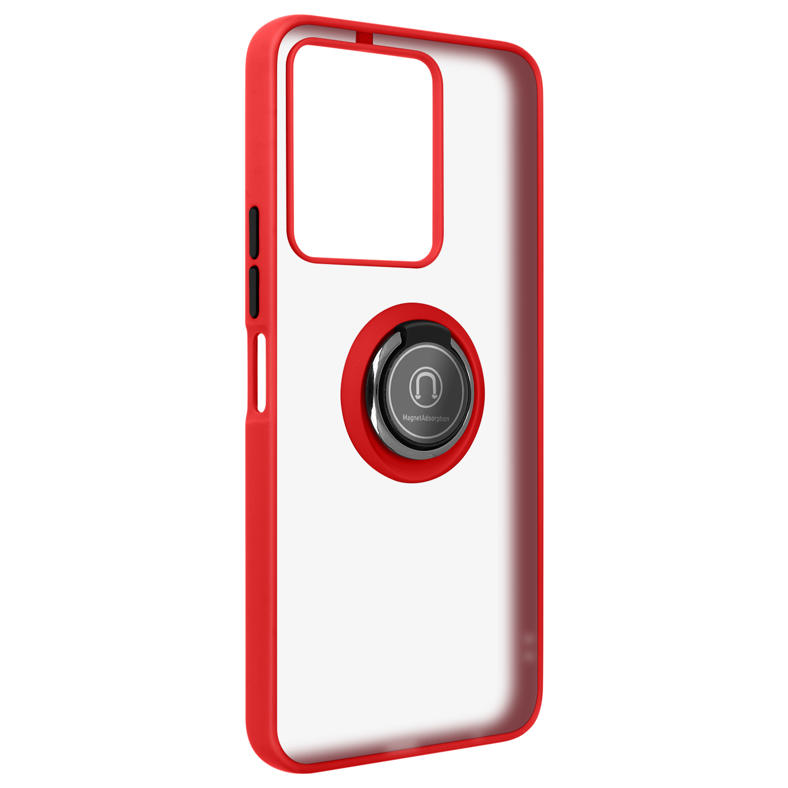 Custodia rossa per telefono con retro trasparente e supporto ad anello.