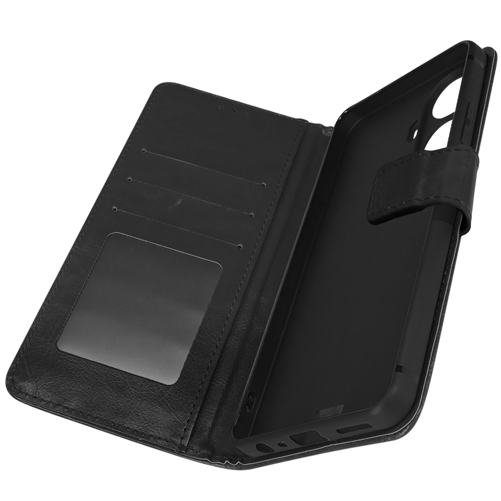 Eine offene schwarze Leder-Handyhülle mit Kartenfächern und einer Telefonhalterung.