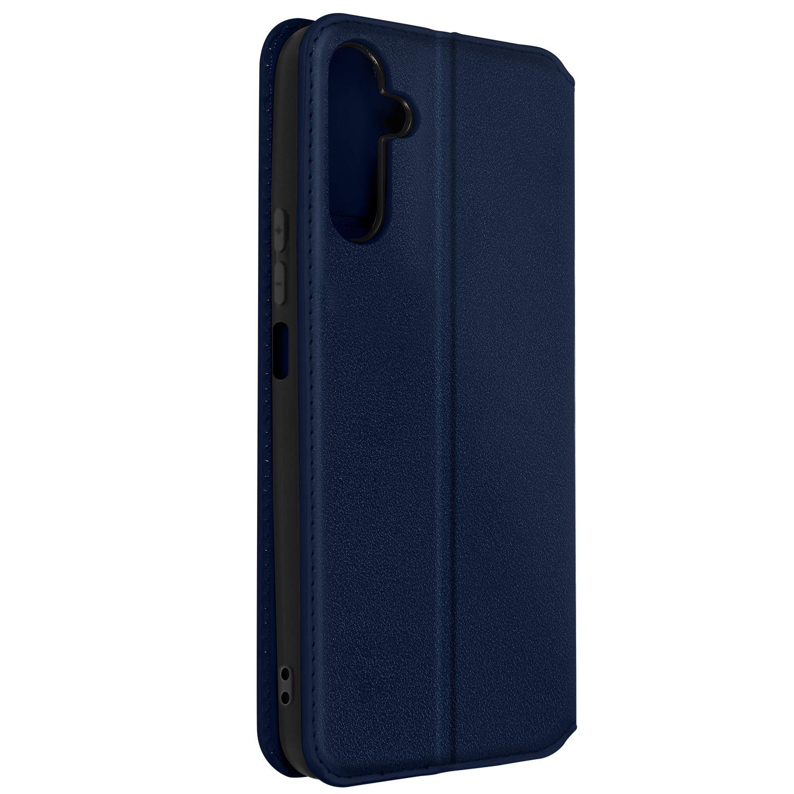 Coque de téléphone bleu foncé, ouverte. Le téléphone n'est pas visible.