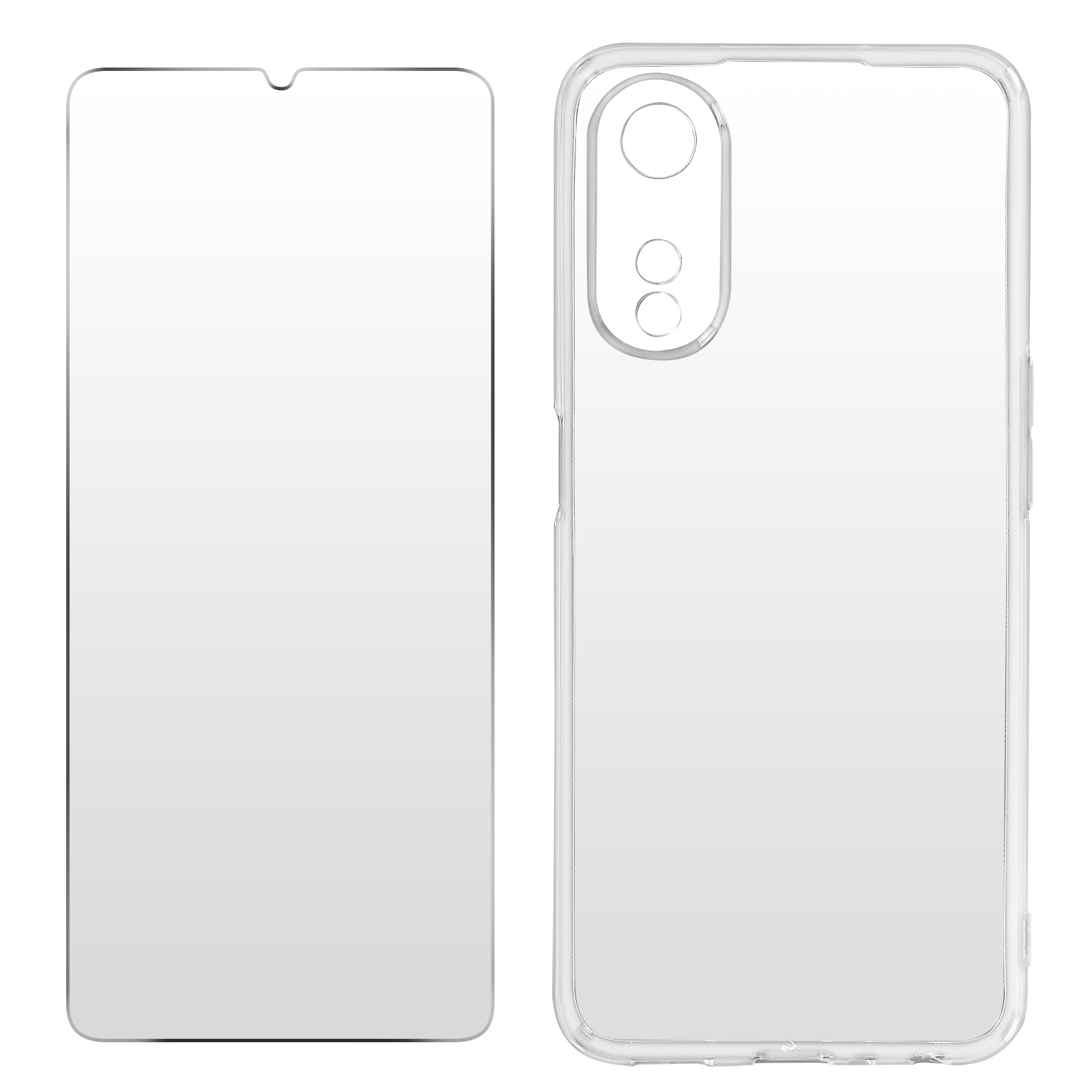 Dos accesorios para teléfono, un protector de pantalla y una funda para teléfono. Ambos son transparentes.