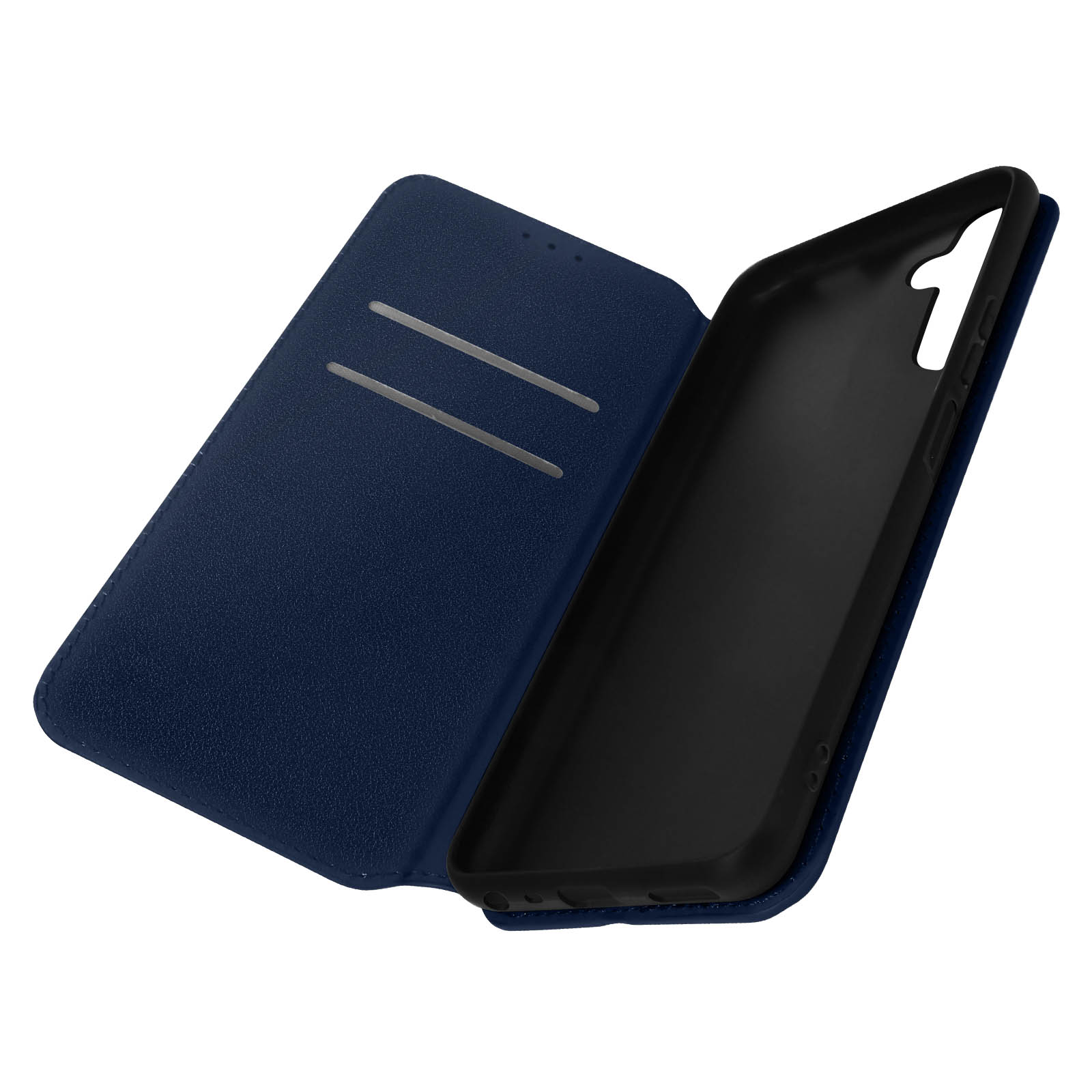 Coque de téléphone bleue, ouverte pour montrer l'intérieur.
