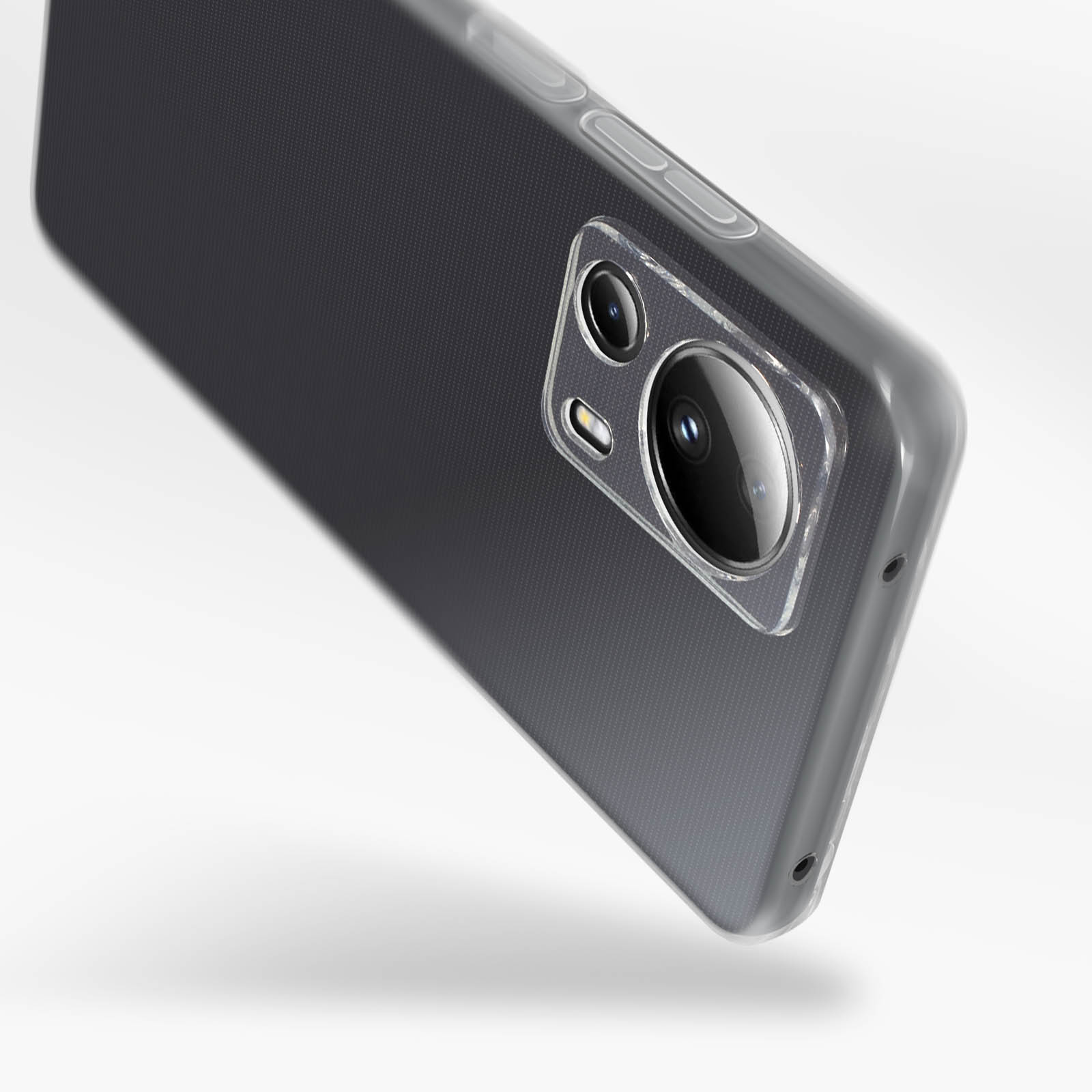 Custodia trasparente per telefono su sfondo bianco. L'obiettivo della fotocamera è visibile.