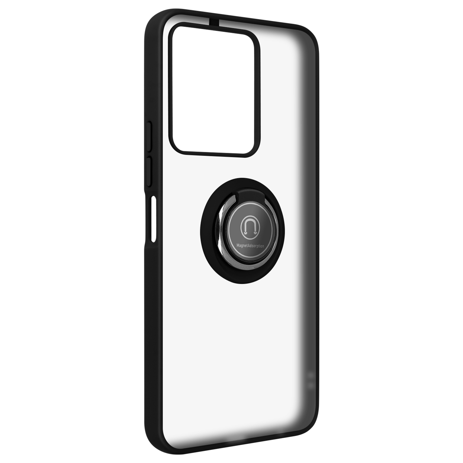 Een doorzichtige telefoonhoes met een zwart frame en een metalen ring op de achterkant.
