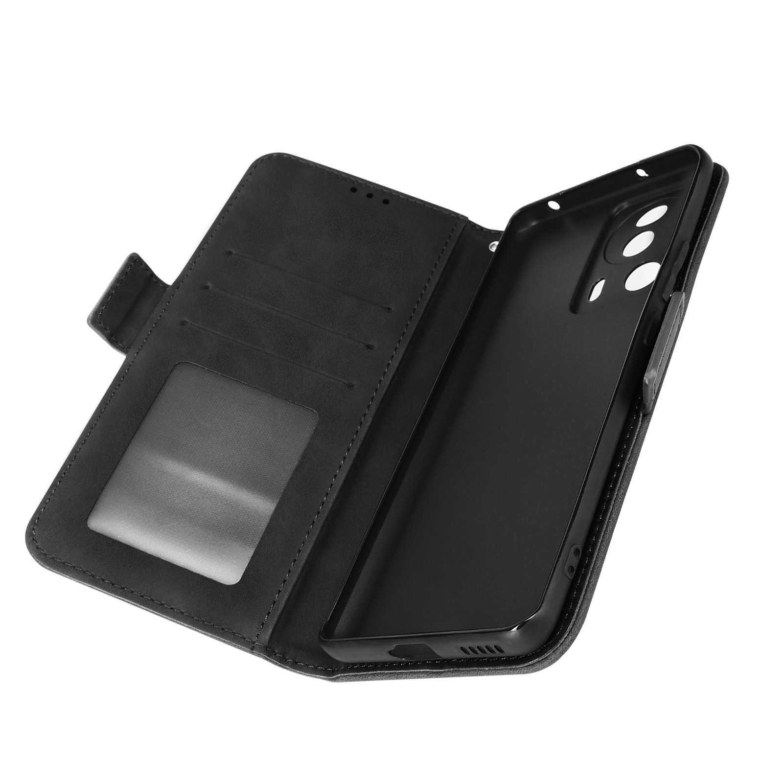 Custodia a portafoglio in pelle nera, aperta che mostra fessure per carte e supporto per telefono.