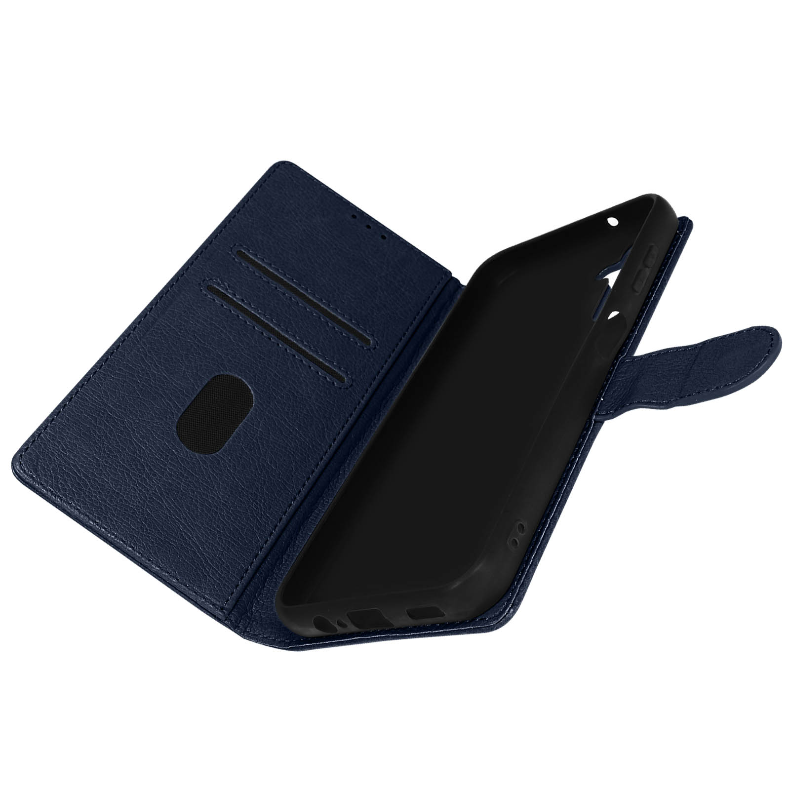Blauwe open telefoonhoes met kaartsleuven. Zwart interieur. Witte achtergrond.