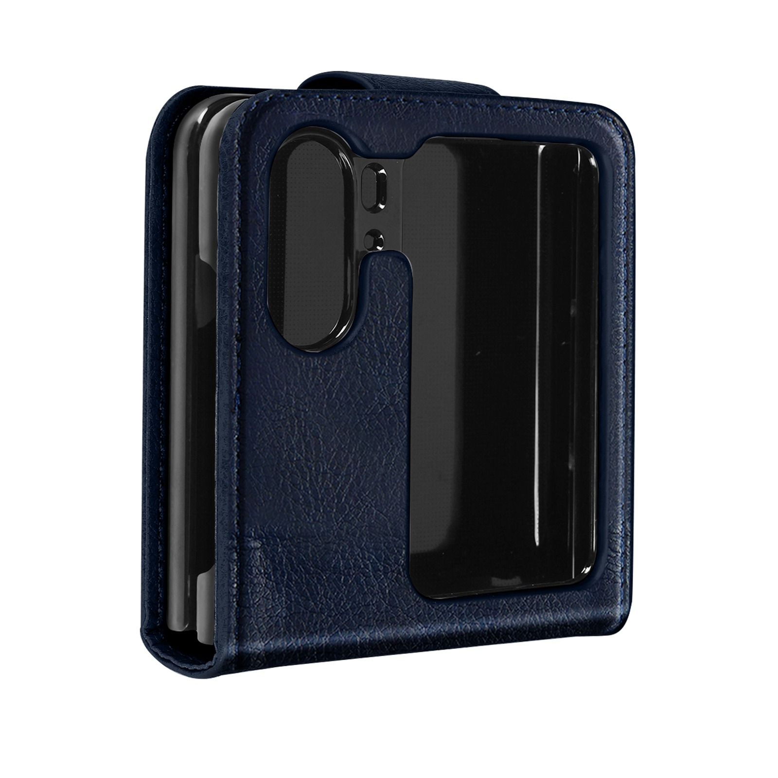 Étui de téléphone bleu foncé, texture cuir, avec fenêtre transparente pour caméra.