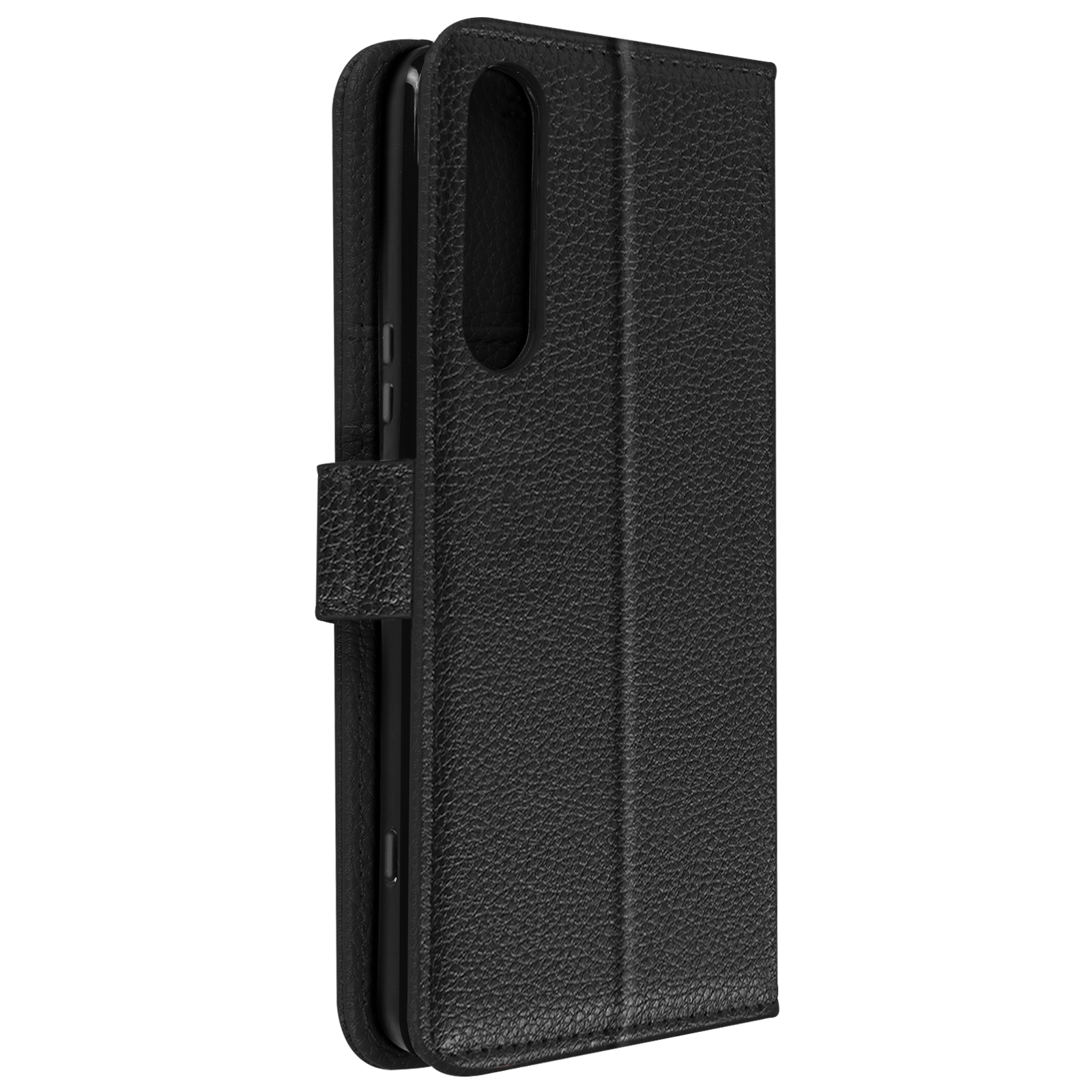 Funda de teléfono de cuero negro texturizado estilo cartera. Cerrada, con superficie texturizada y solapa magnética.