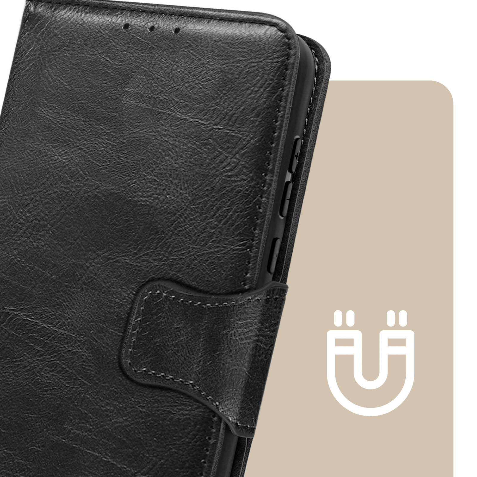 Primo piano di una custodia per telefono in pelle nera con chiusura magnetica.