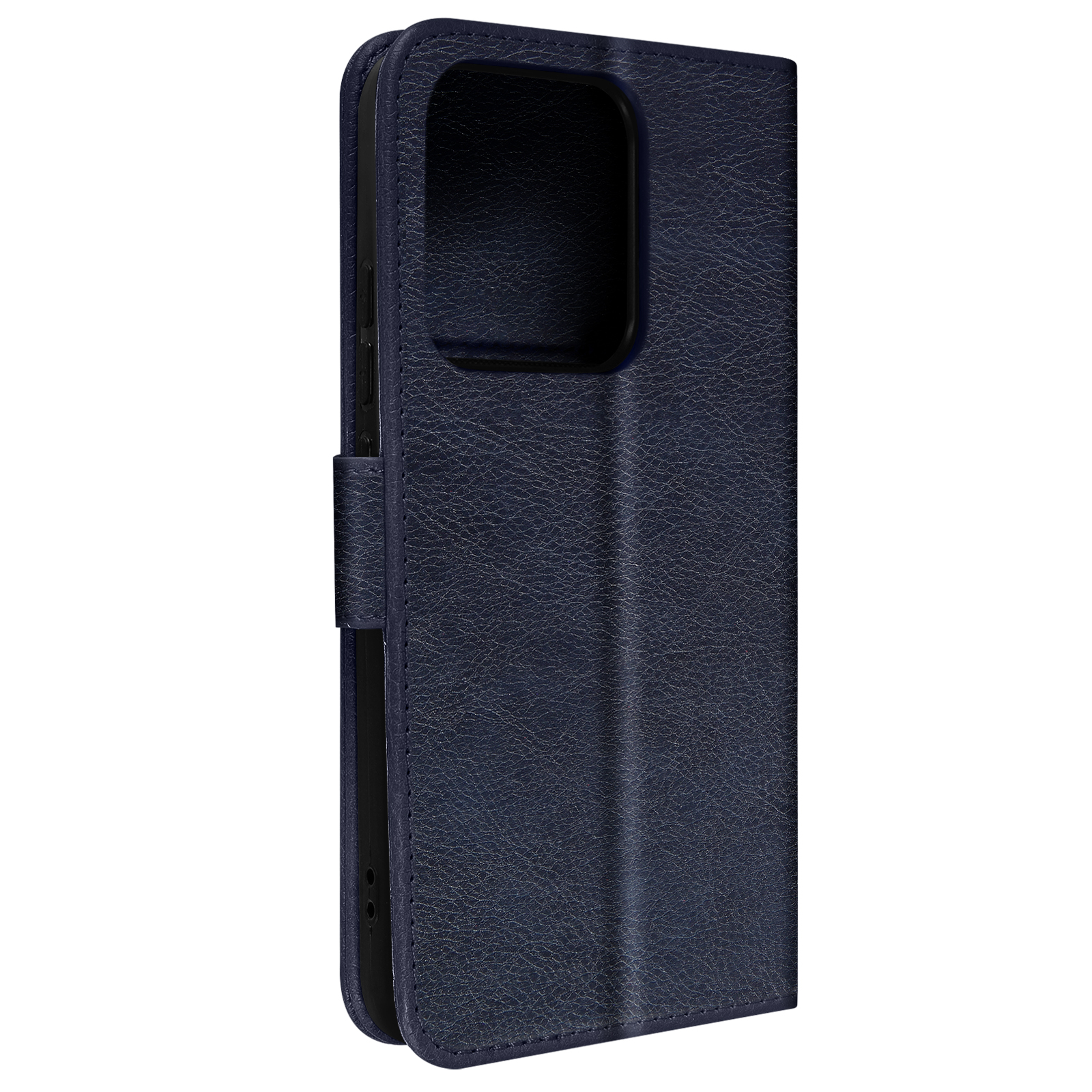 Étui de téléphone en cuir bleu, fermé. Montre le devant avec une fermeture magnétique.