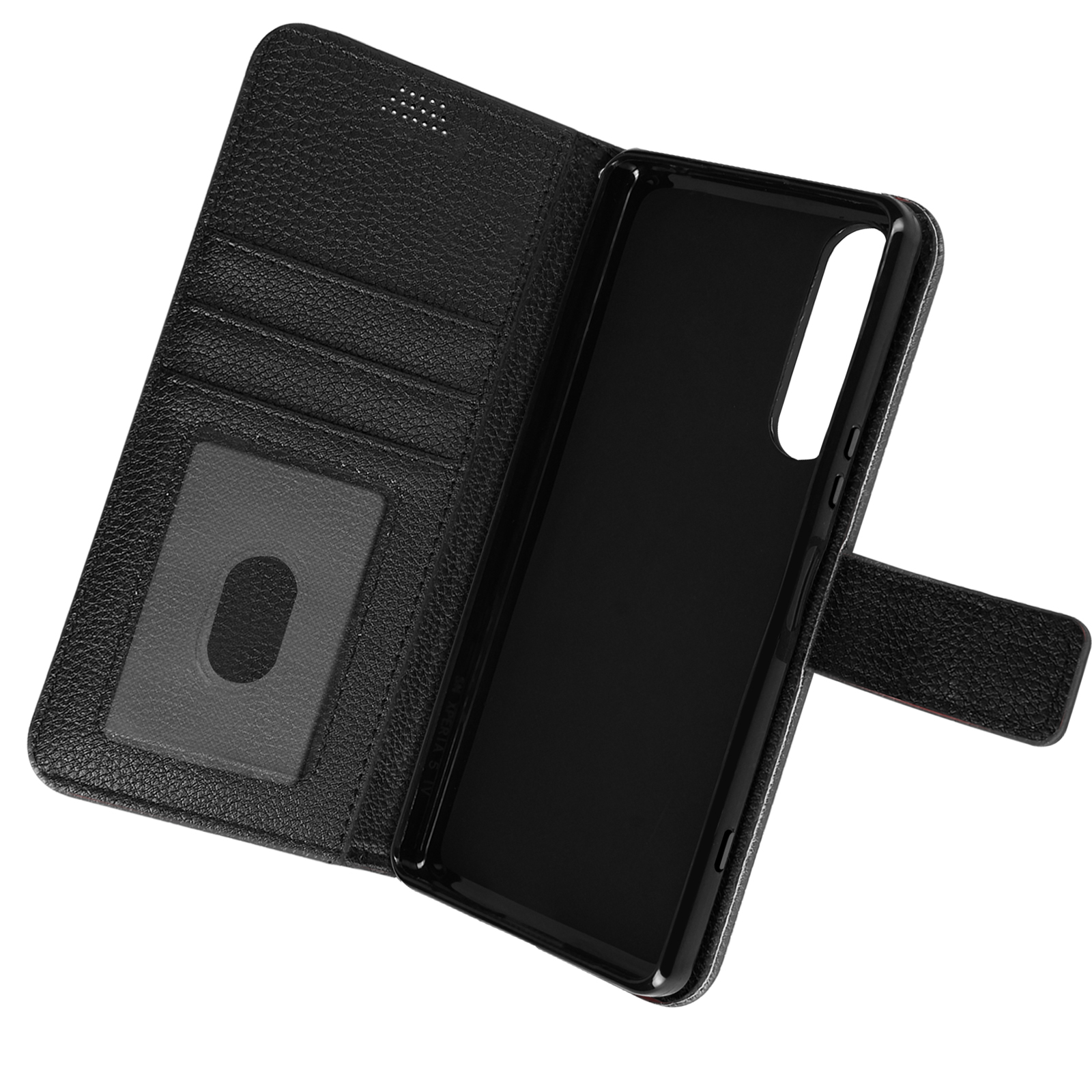 Funda de teléfono negra con ranuras para tarjetas y un interior gris oscuro.