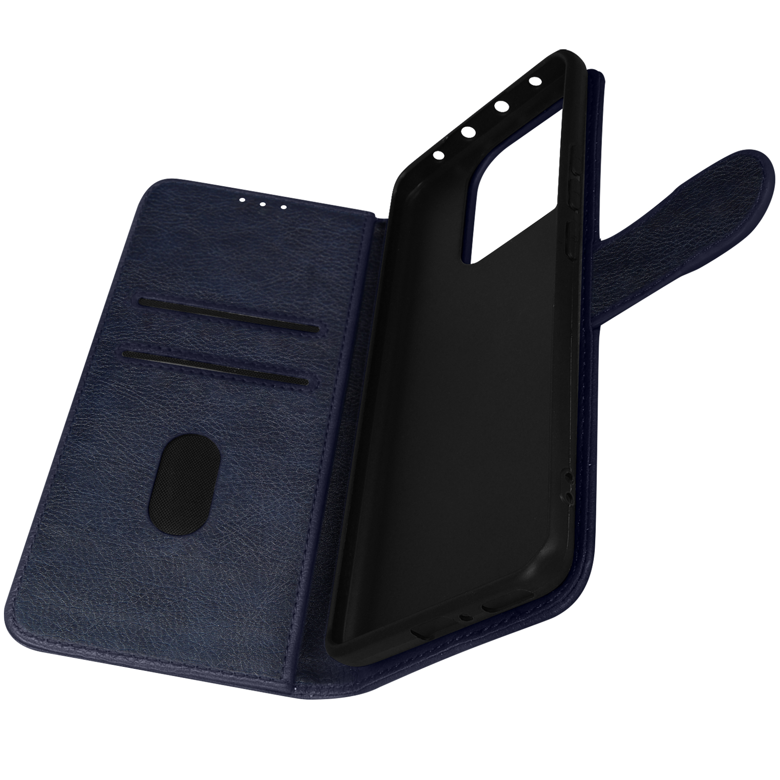Étui de téléphone bleu marine, ouvert, révélant l'intérieur noir. Avec fentes.