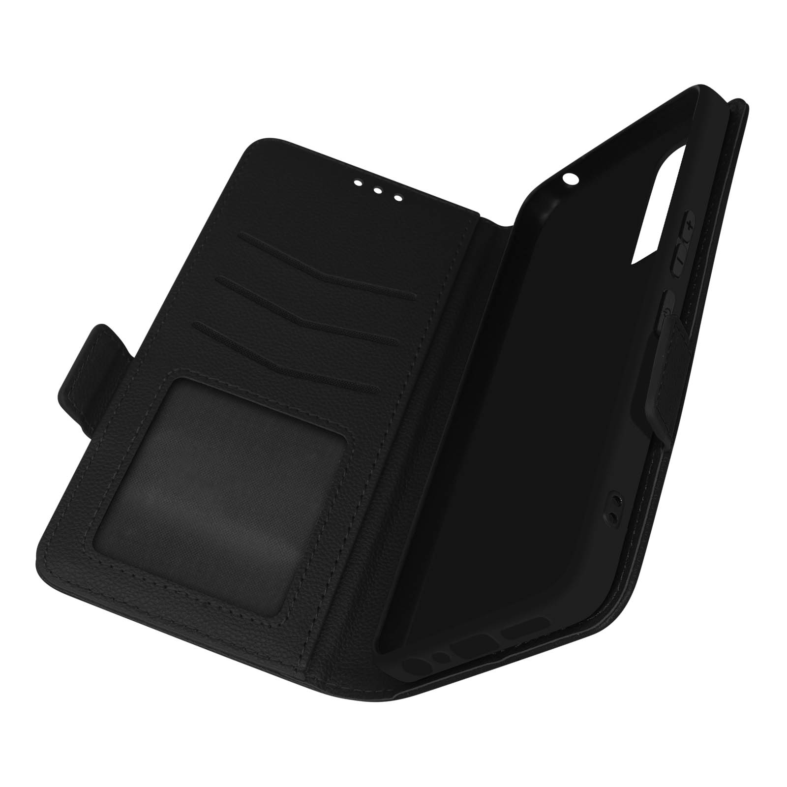 Een zwarte leren telefoonhoes is open. Binnenin een gleuf voor kaarten en ruimte voor de telefoon.