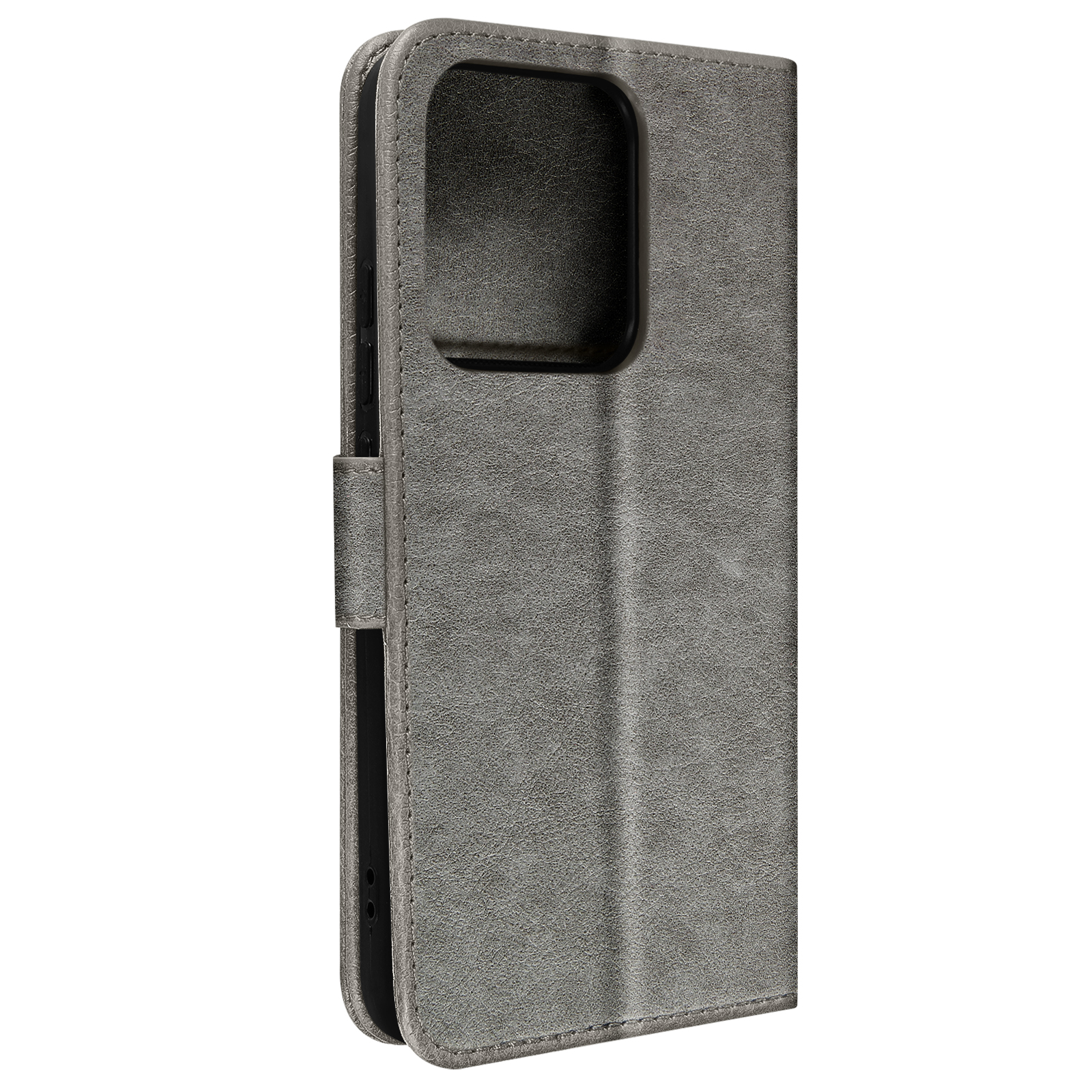 Coque de téléphone grise, ouverte. Un téléphone est à l'intérieur. L'étui est sur fond blanc.