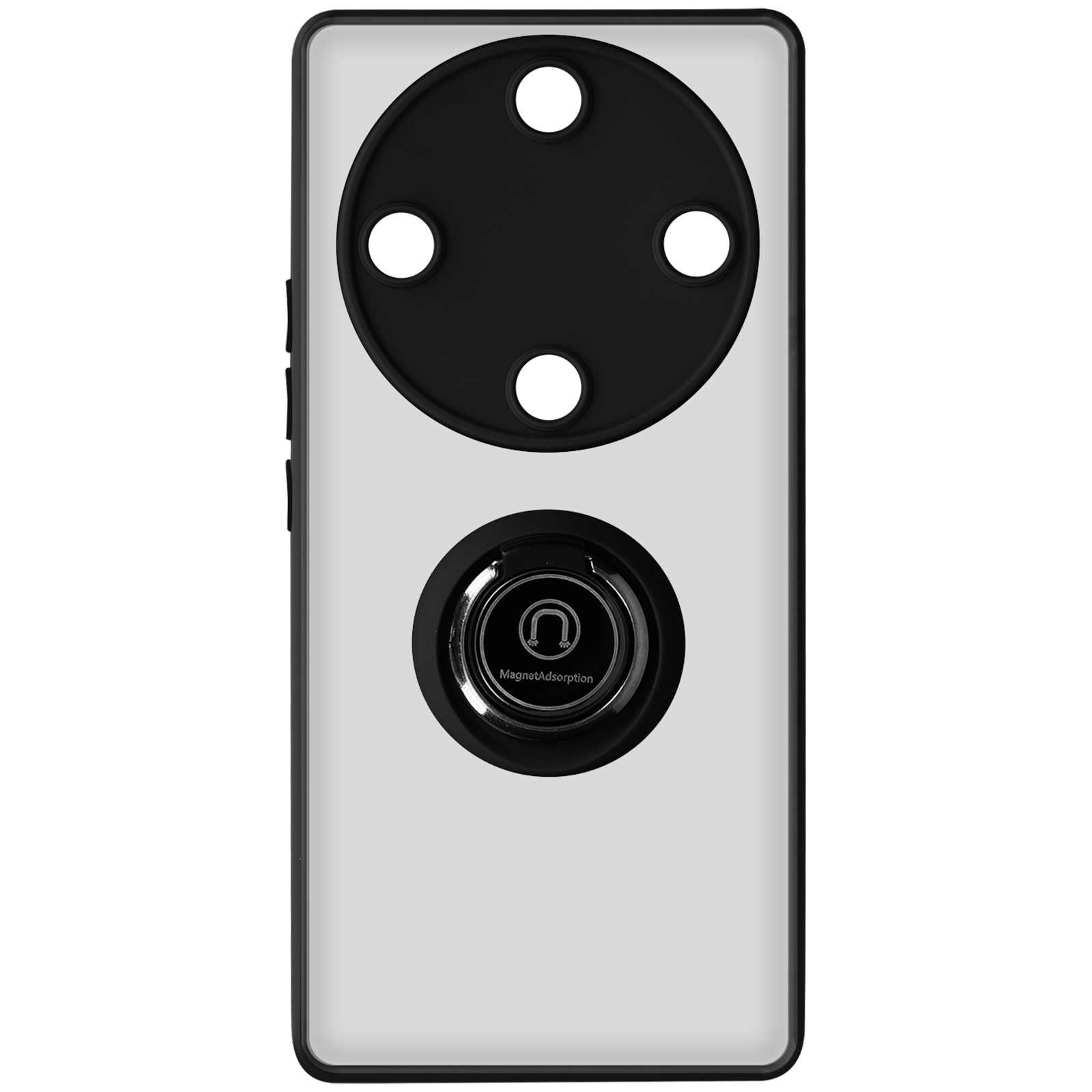 Una custodia bianca con modulo fotocamera nero. Un anello nero in basso.