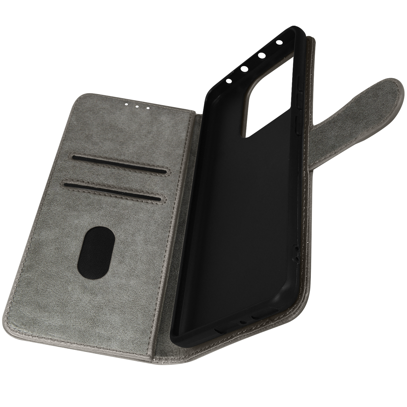 Étui de téléphone gris ouvert avec téléphone à l'intérieur. Intérieur noir, fentes pour cartes.