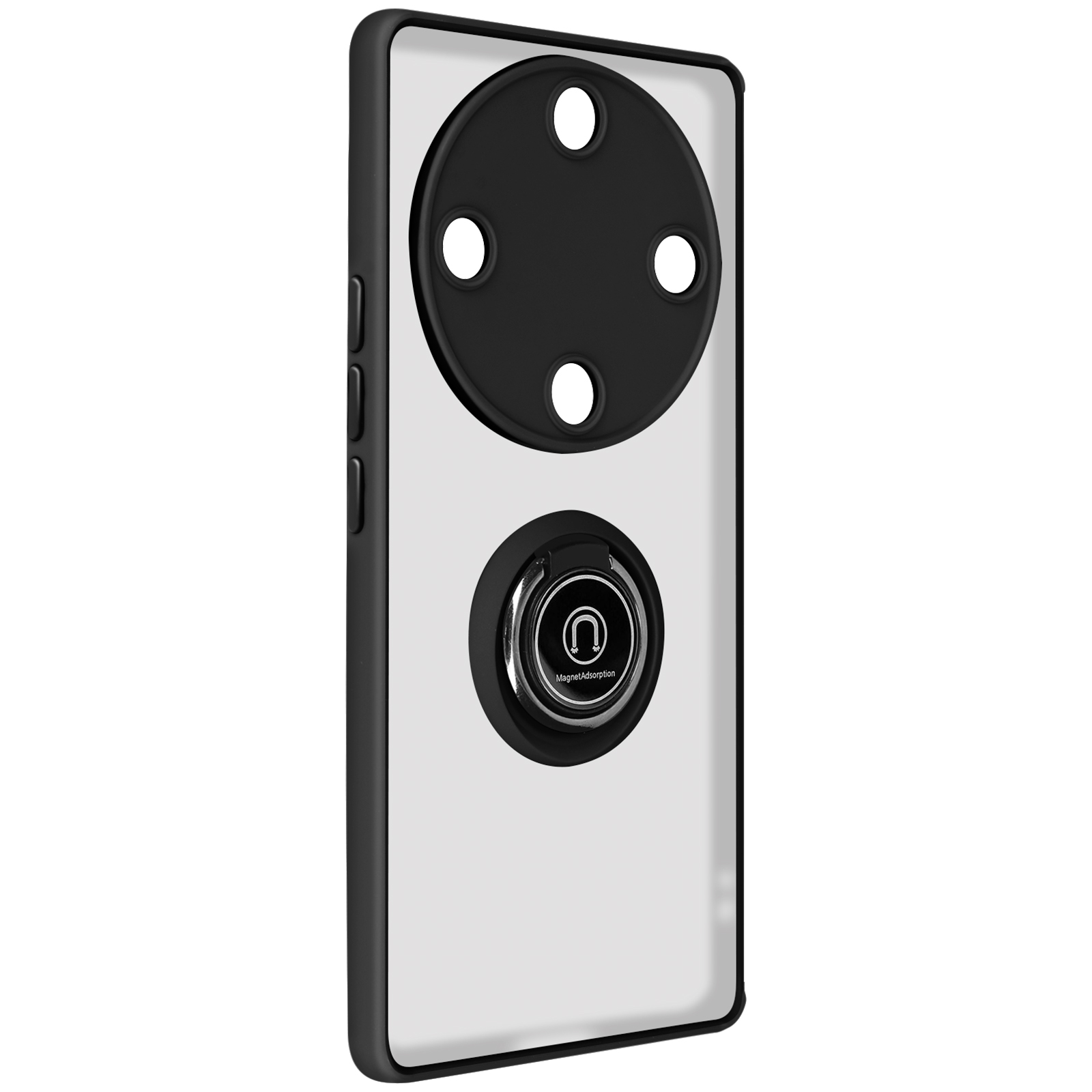 Custodia per telefono nera con supporto ad anello. Sfondo bianco.