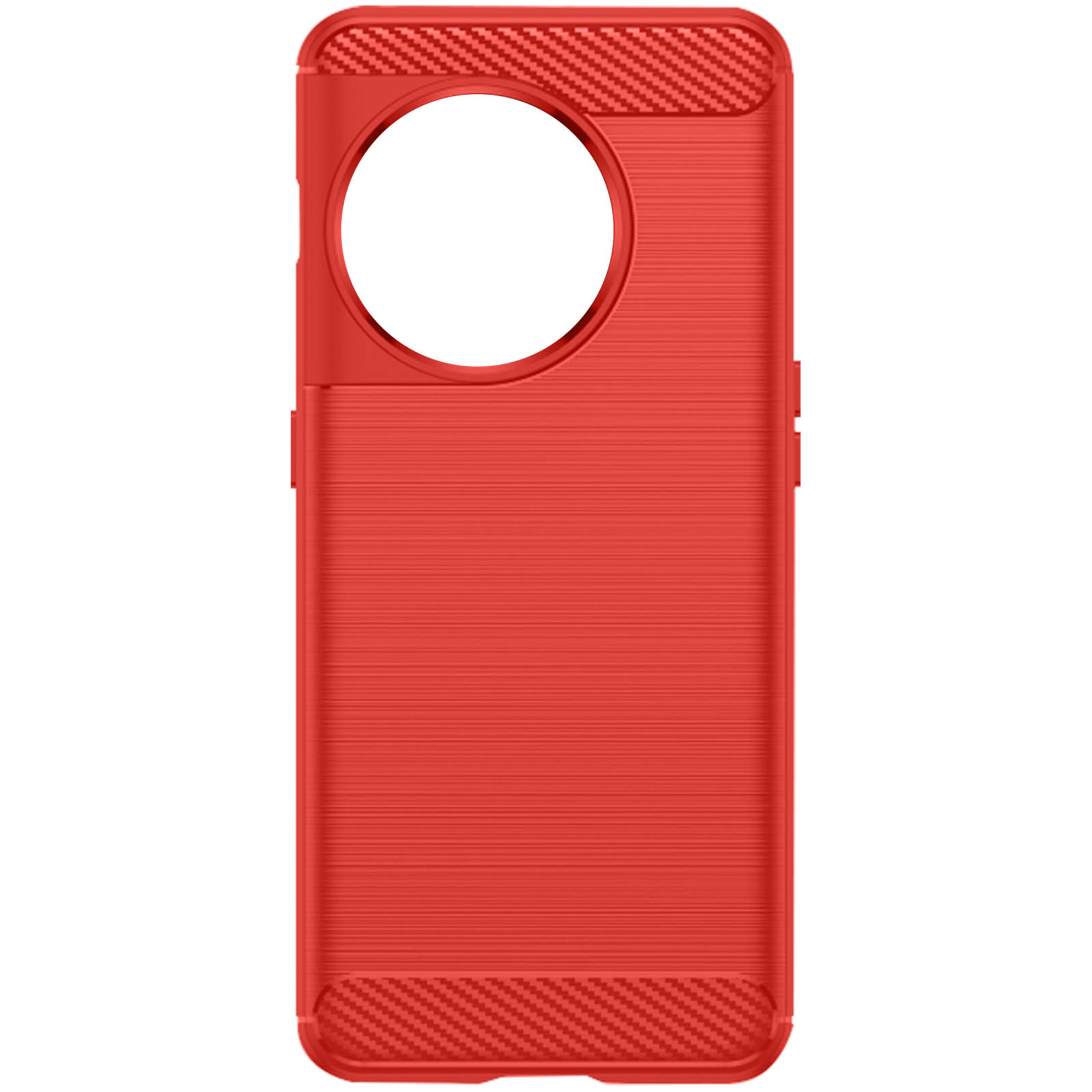 Custodia rossa per telefono con superficie strutturata. La custodia ha un ritaglio per la fotocamera.
