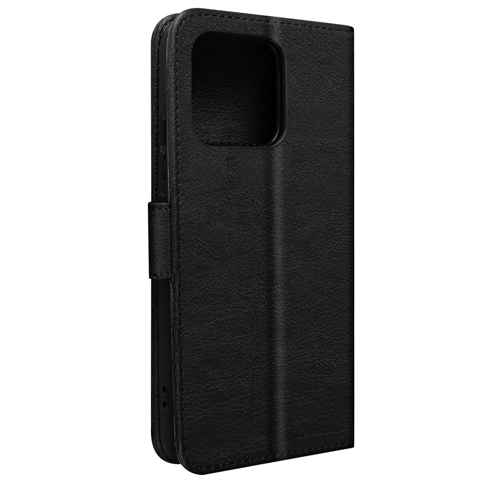 Custodia per telefono in pelle nera con chiusura magnetica.