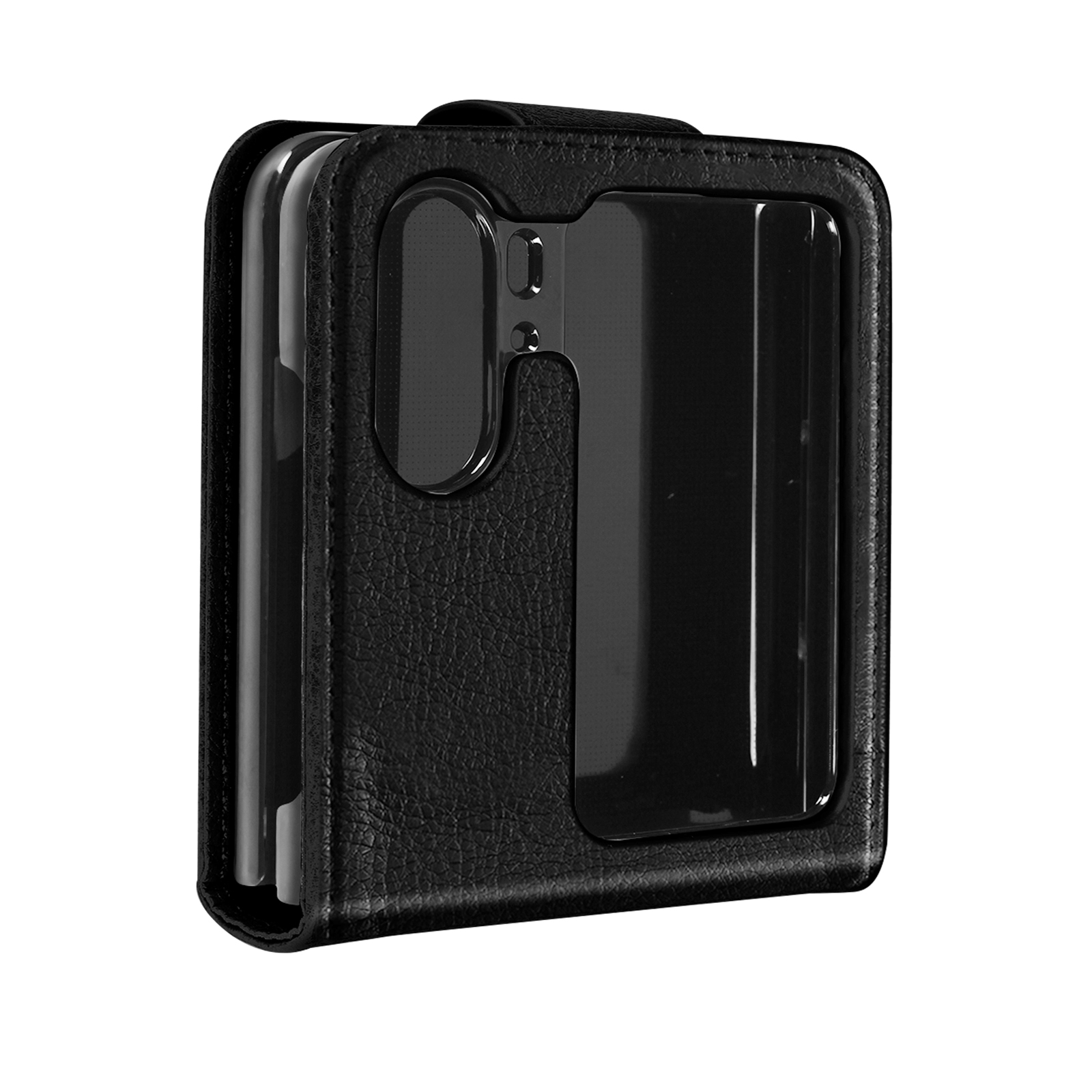 Een zwarte leren telefoonhoes wordt getoond, met een doorzichtig plastic venster. De hoes is gesloten.