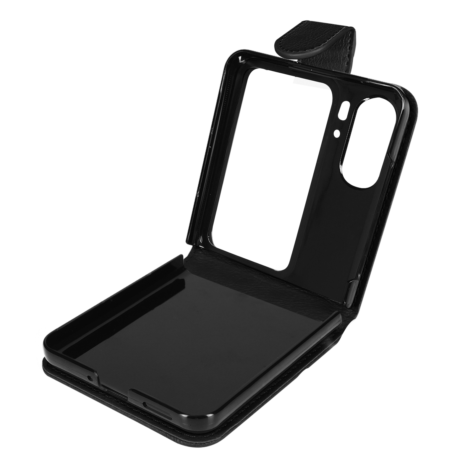 Een zwarte telefoonhoes, open, die de binnenkant laat zien. De hoes ligt op wit.