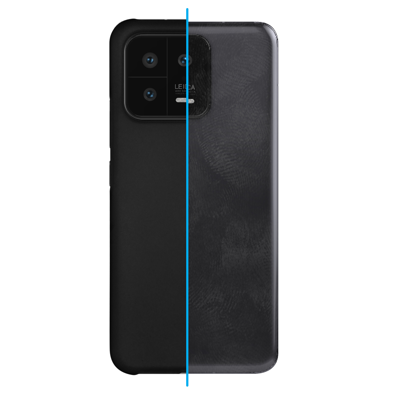 Dos de téléphone noir avec module caméra. Une ligne bleue divise l'image.