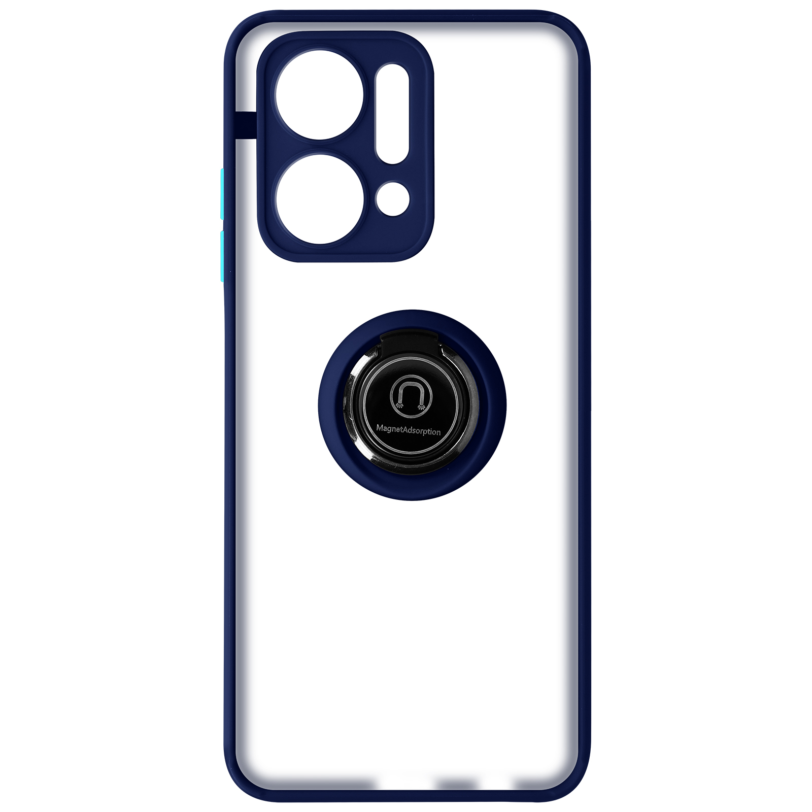 Een telefoonhoesje met een blauw frame en een ringhouder. De achterkant is wit. Het heeft een ring.