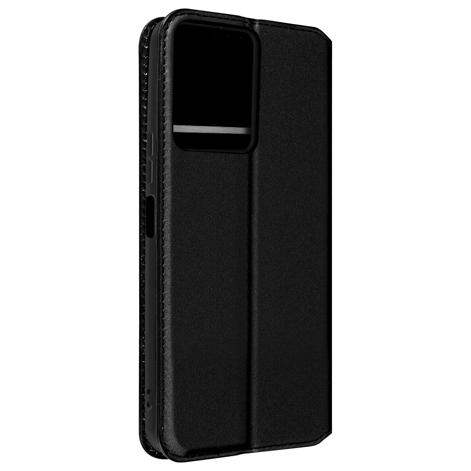 Eine schwarze Leder-Handyhülle, offen, mit sichtbarem Bildschirm.