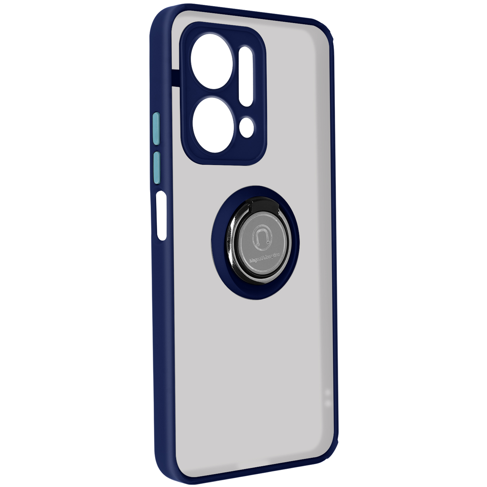 Een witte en blauwe telefoonhoes met een zilveren ringhouder.