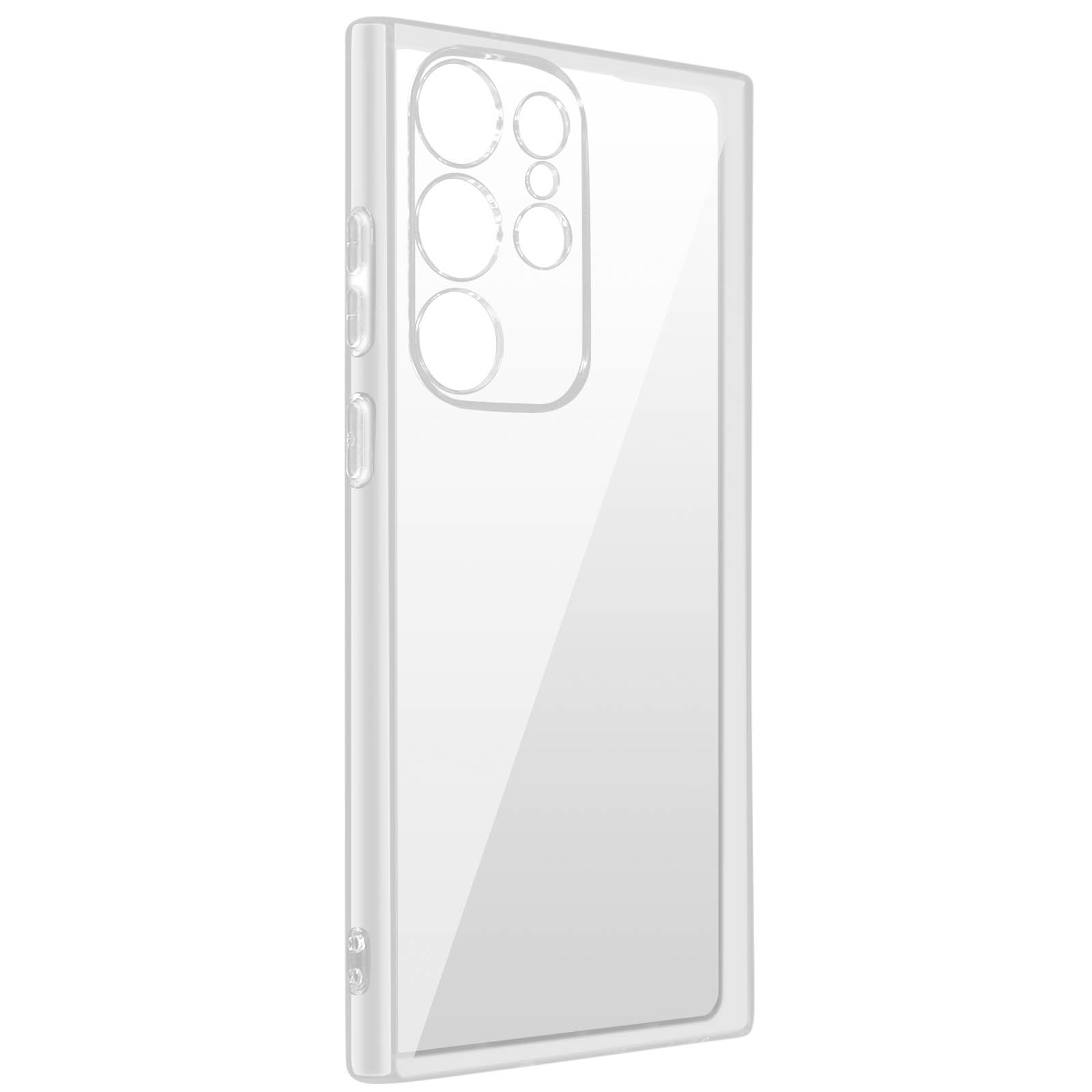 Transparante telefoonhoes, toont de achterkant van een telefoon, met uitsparingen voor de camera.