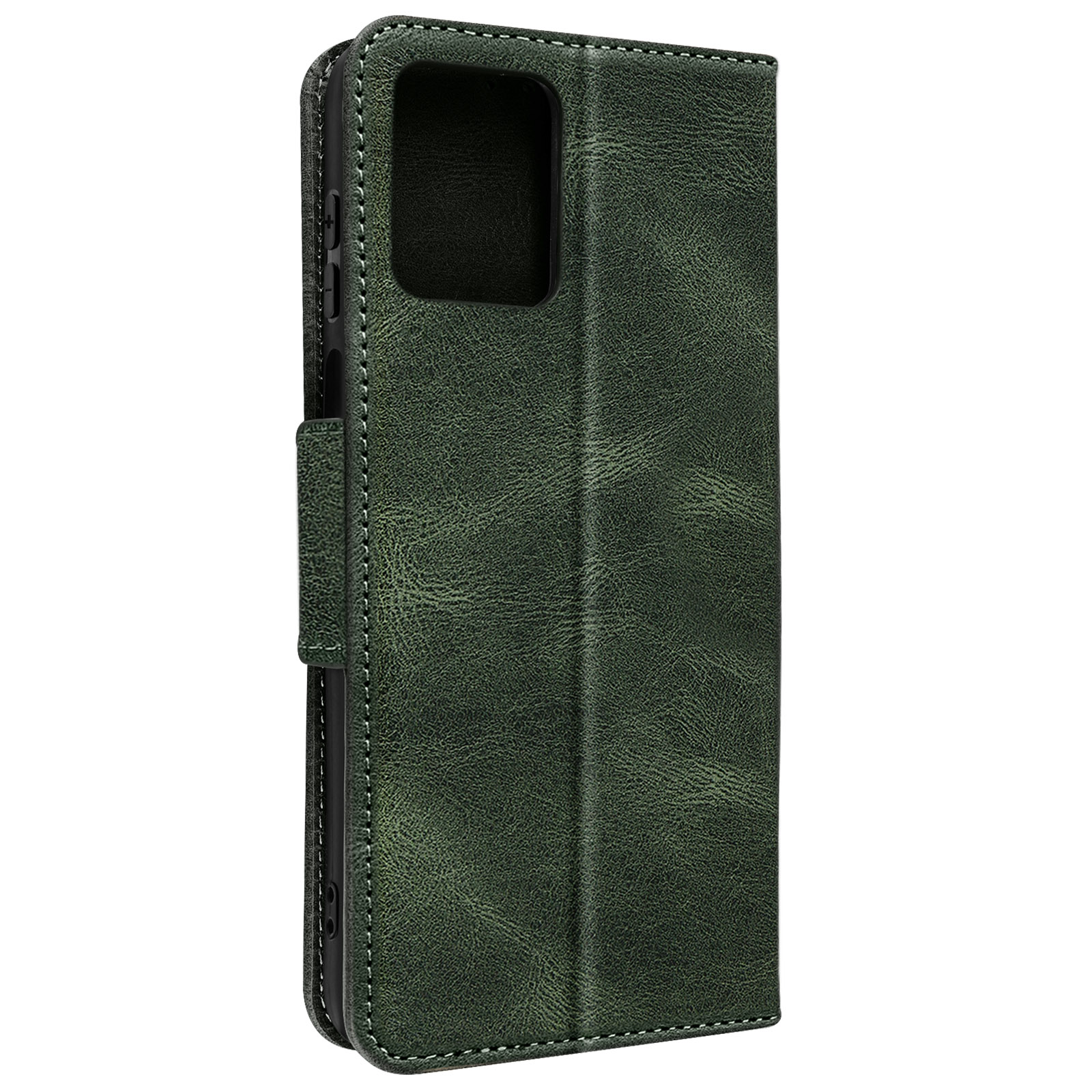 Custodia in pelle verde chiusa, che mostra il retro con un ritaglio per la fotocamera.