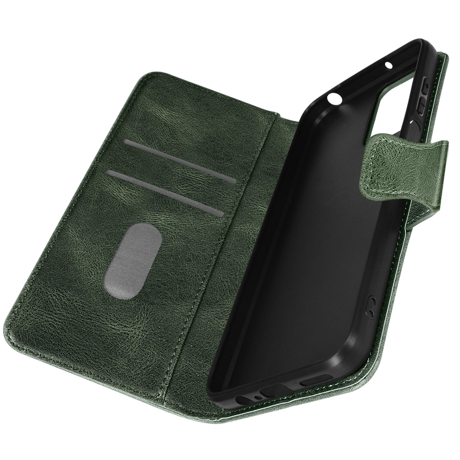 Custodia per telefono in pelle verde, aperta. Interno con fessure per carte e supporto nero.
