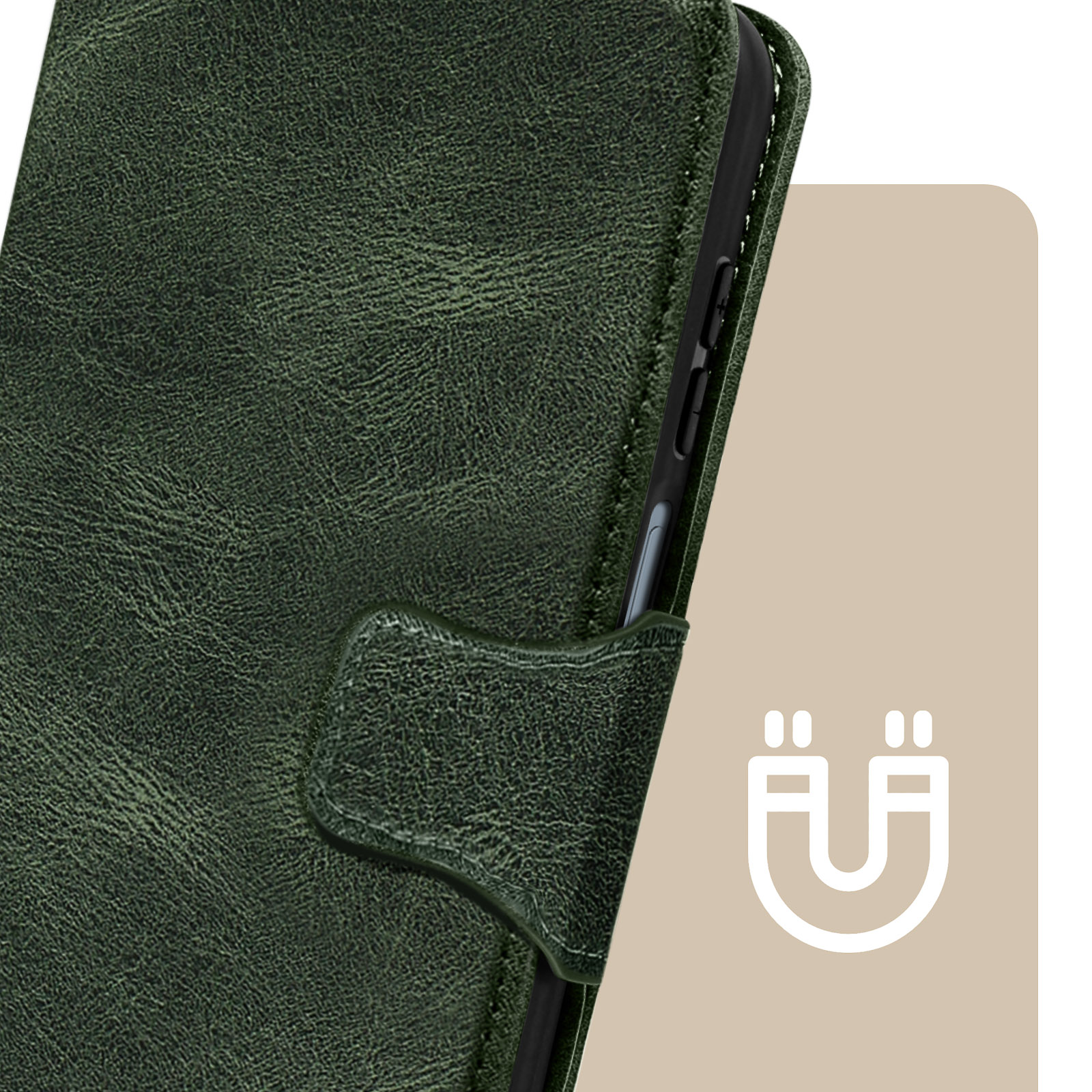 Primo piano di una custodia per telefono in pelle verde con chiusura magnetica e icona magnete.