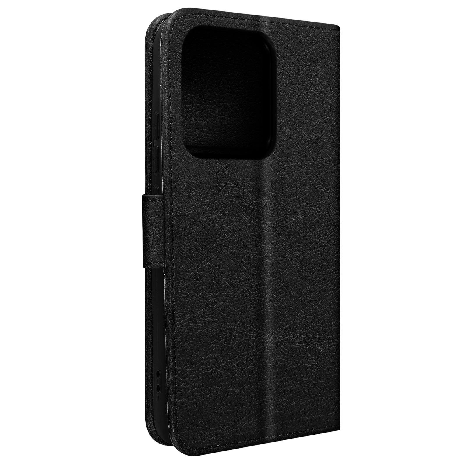 Coque de téléphone noire ouverte, révélant un téléphone à l'intérieur.