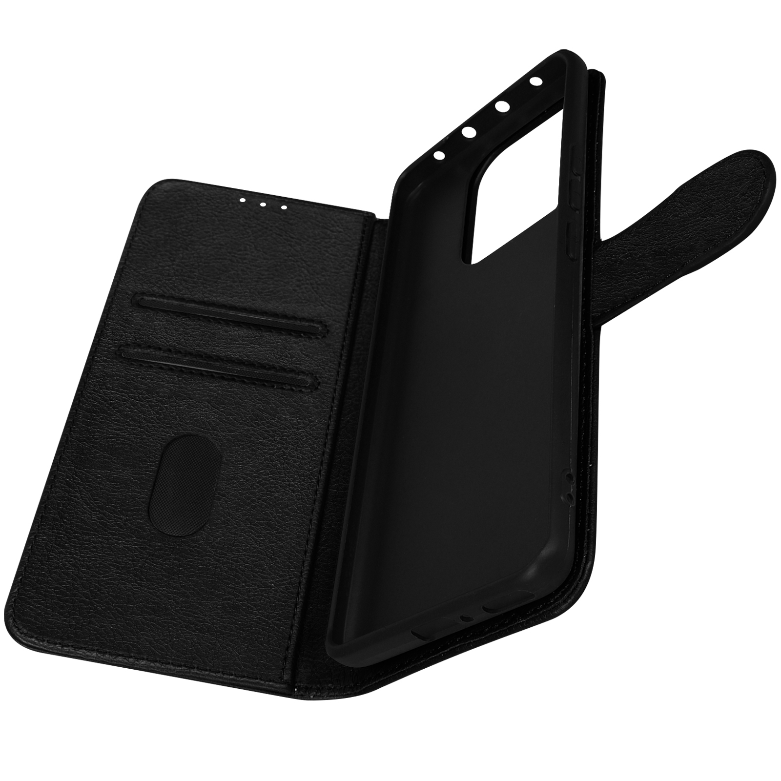 Étui de téléphone en cuir noir, ouvert, montrant l'intérieur, sur fond blanc.