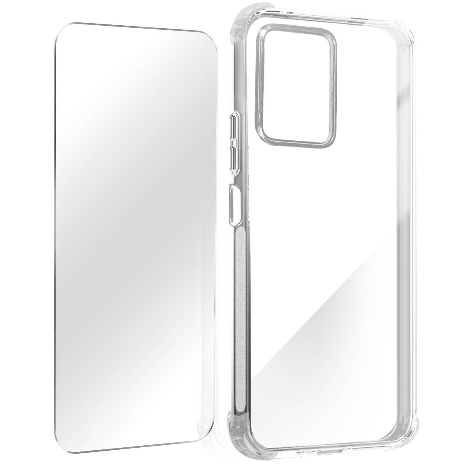 Een doorzichtige telefoonhoes met de telefoon gedeeltelijk erin, op een witte achtergrond.