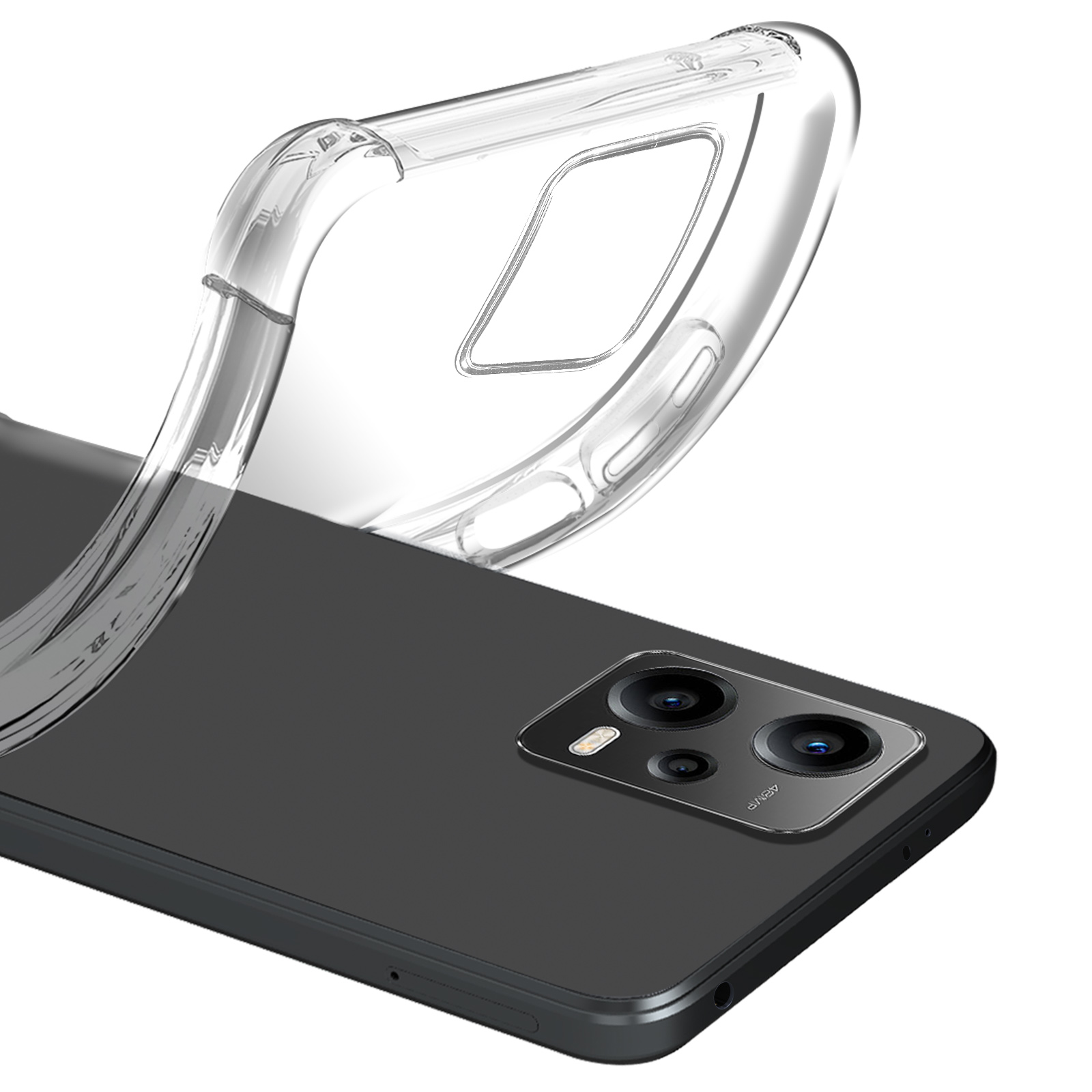 Een doorzichtige, flexibele telefoonhoes wordt op een zwarte telefoon geplaatst, met de achterkant en camera.