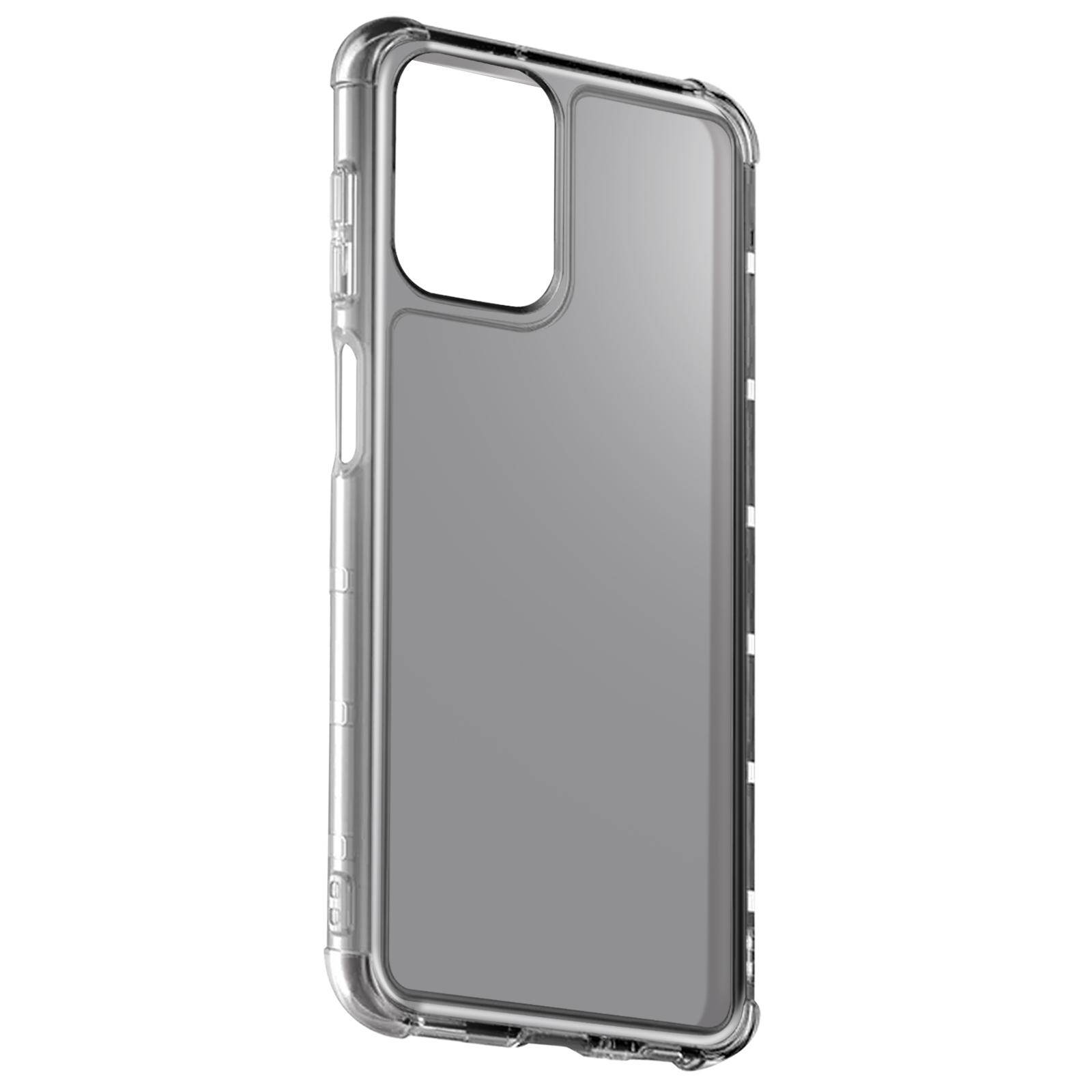Se muestra una funda transparente para teléfono. La funda tiene un marco transparente con un interior gris.