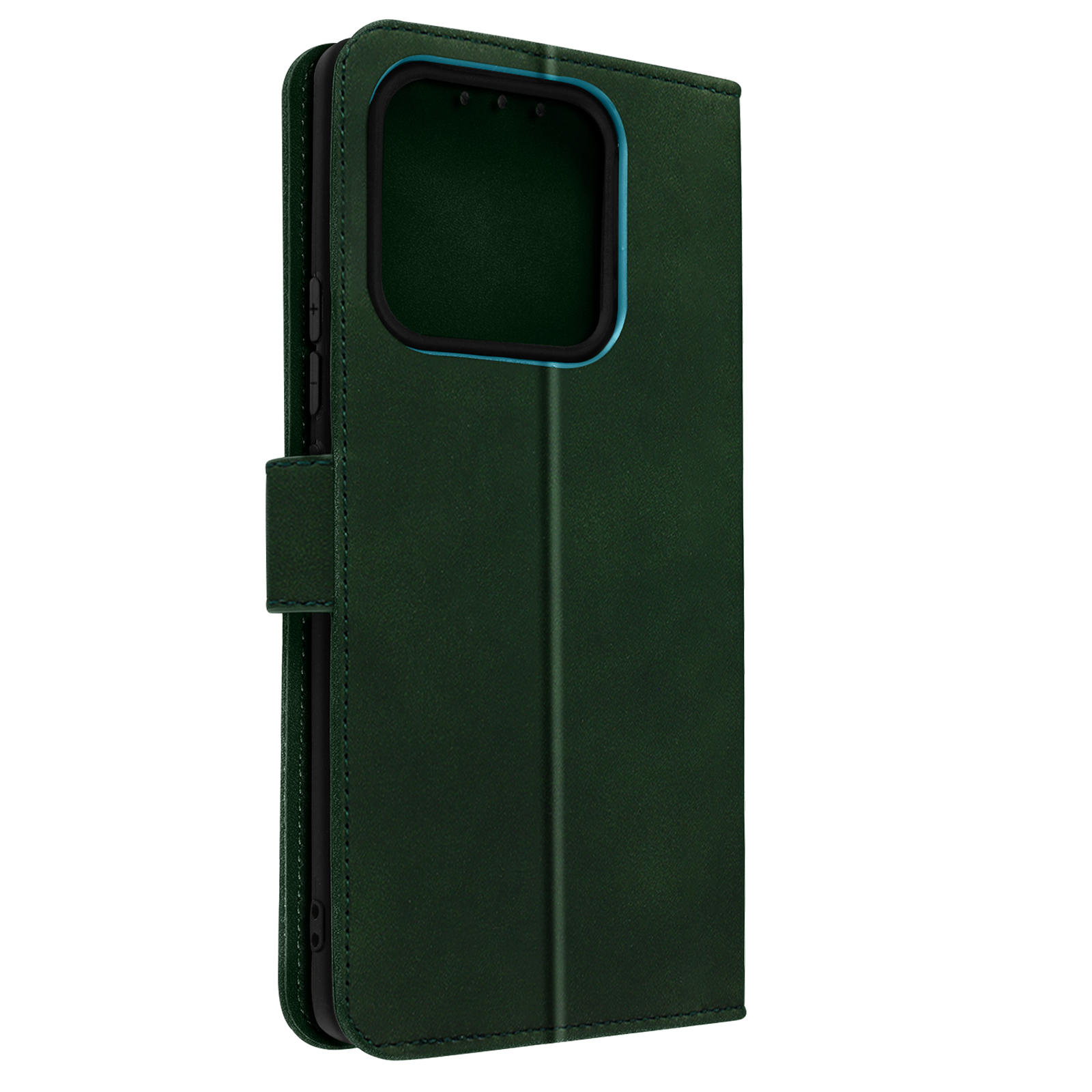 Una custodia verde per telefono è aperta. Il telefono è all'interno. La custodia ha una chiusura magnetica.